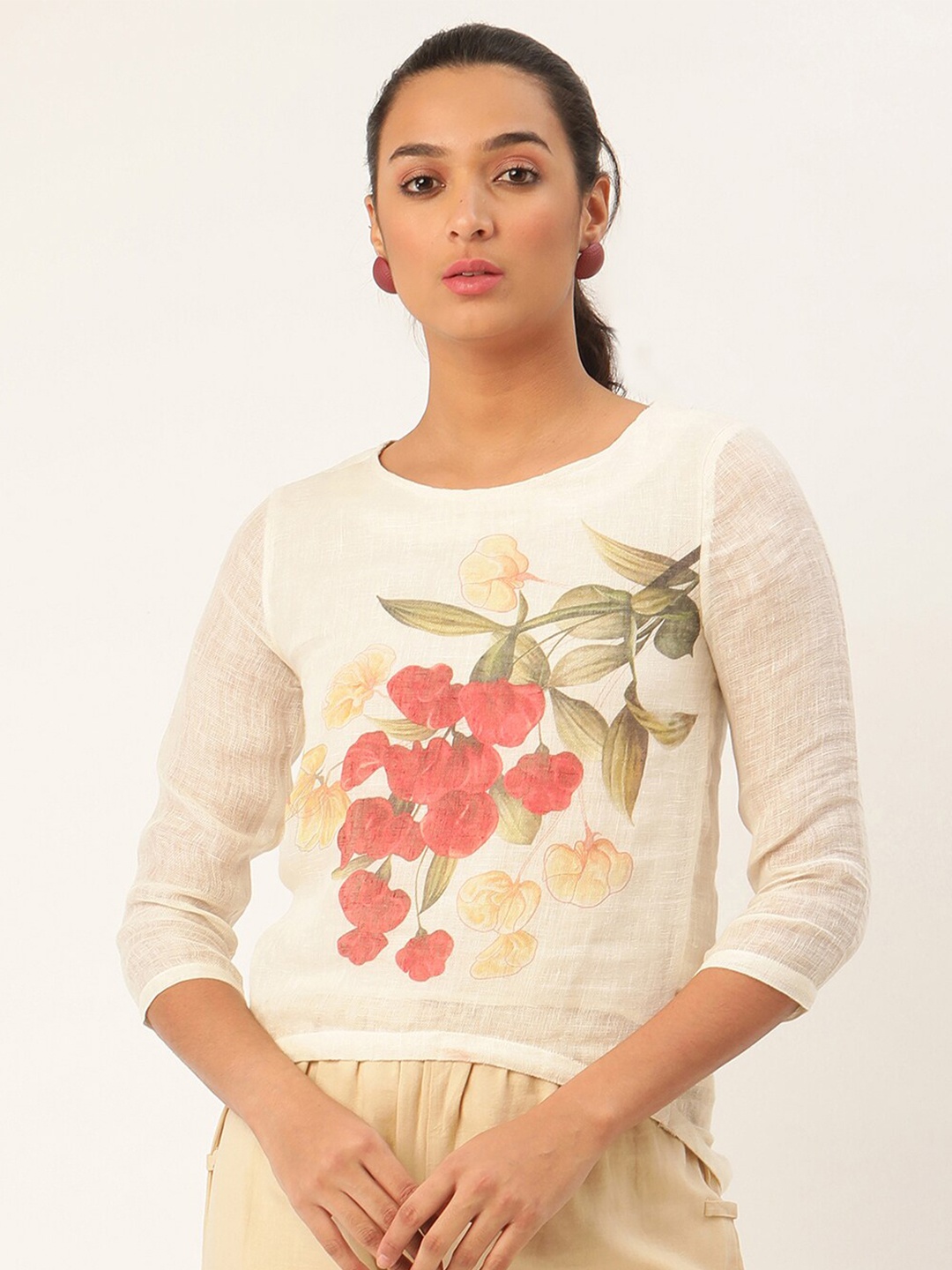 

ROOTED Cream Printed Regular Top