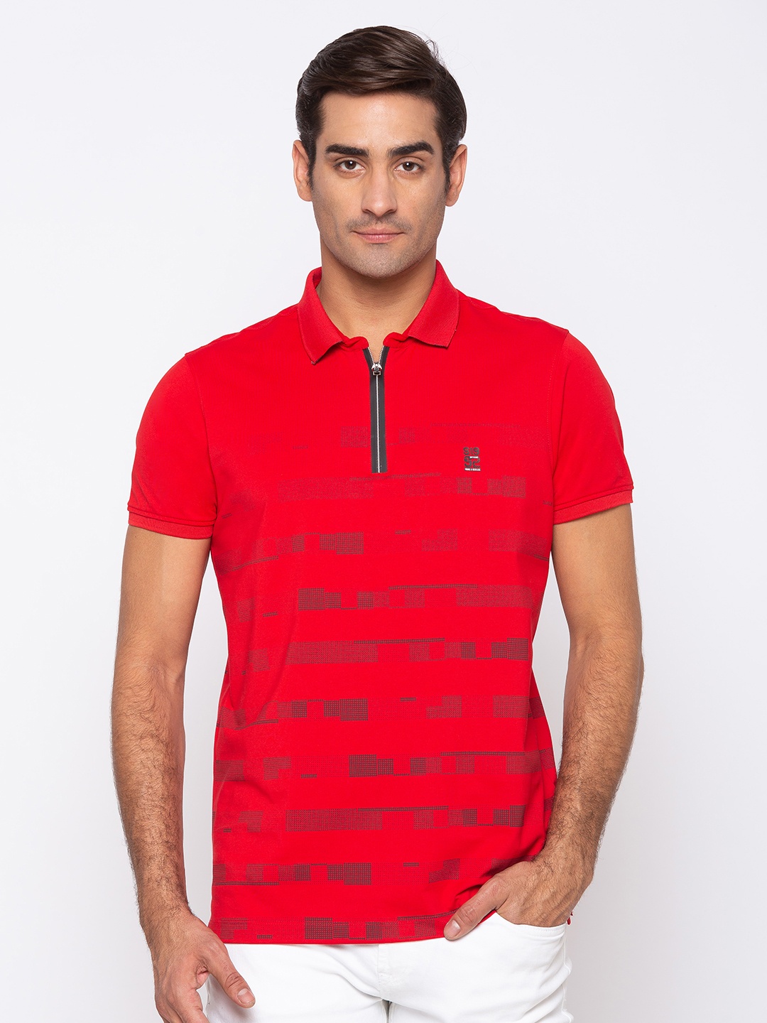 

SPYKAR Men Red Striped Polo Collar Slim Fit T-shirt
