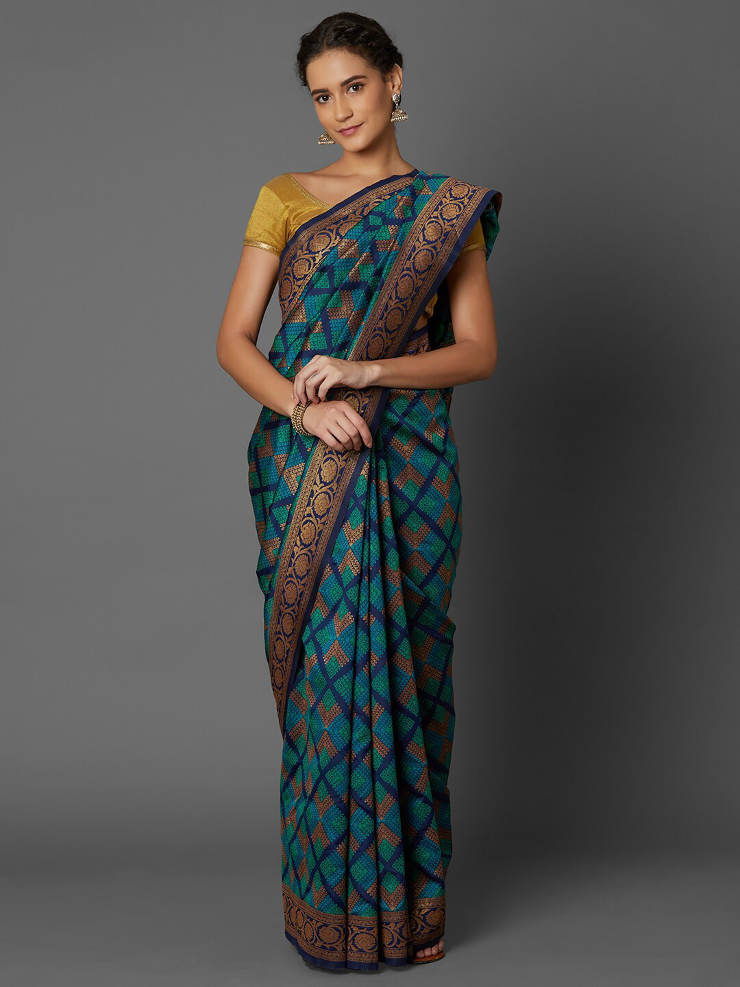 

Mitera Teal Zari Silk Blend Banarasi Saree