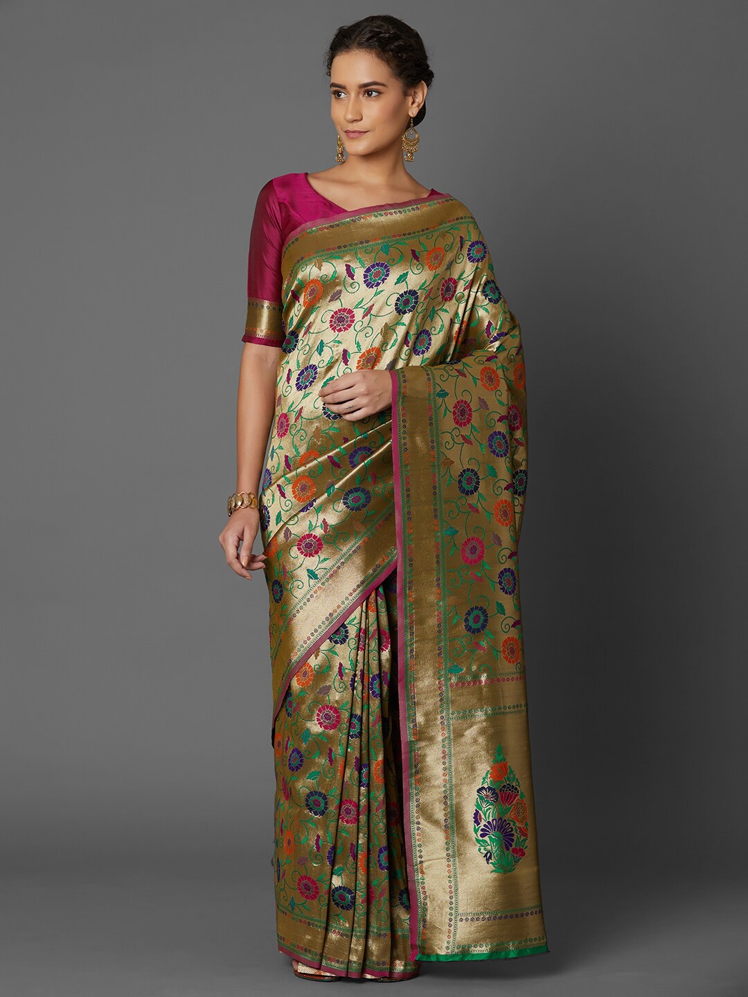 

Mitera Gold & Magenta Ethnic Motifs Silk Blend Banarasi Saree