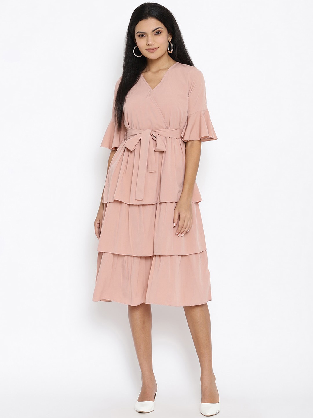 

THREAD MUSTER Cream Solid Tiered Empire Dress
