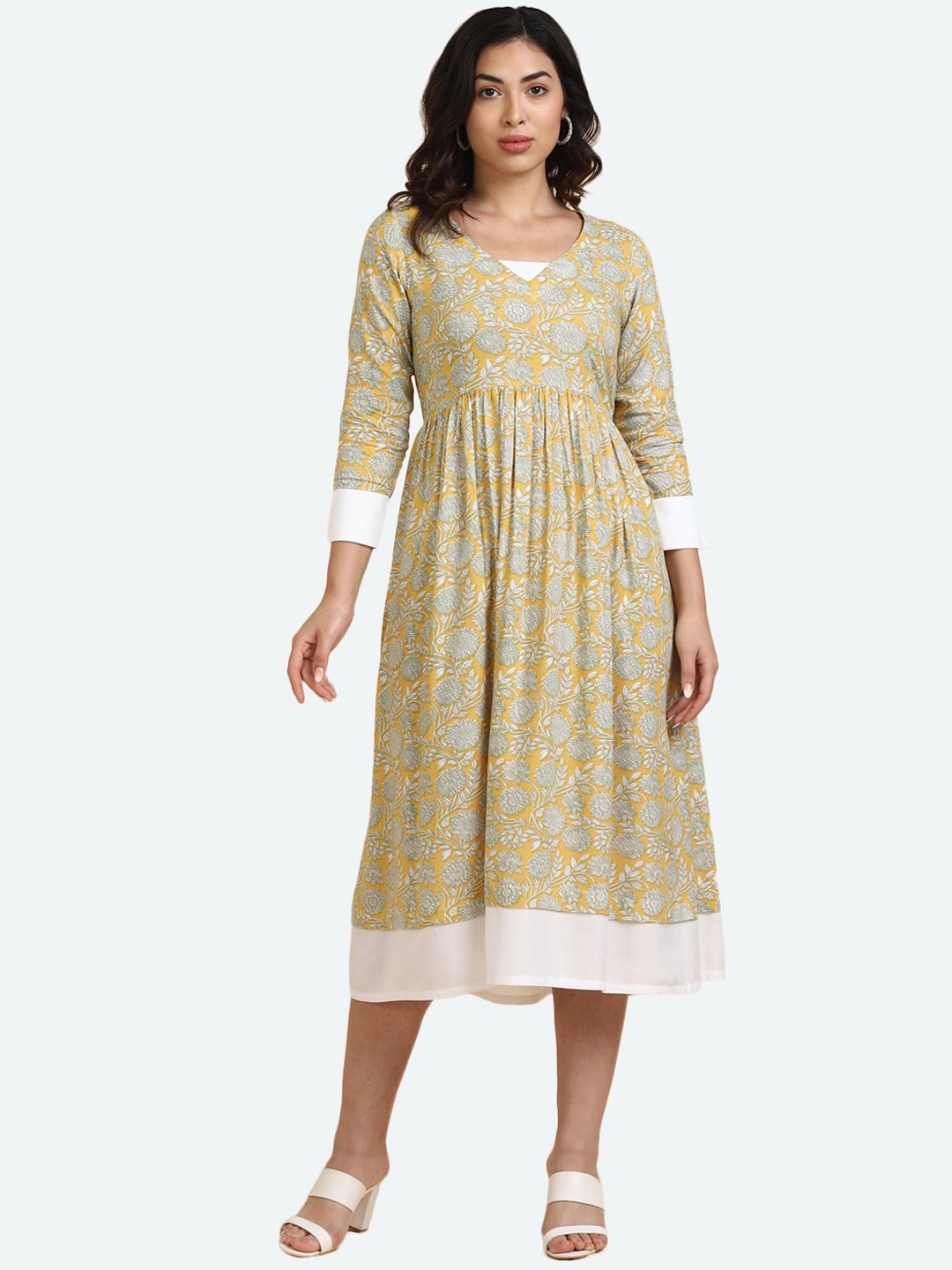 

DEEBACO Women Mustard Floral Printed Fit & Flare Midi Dress