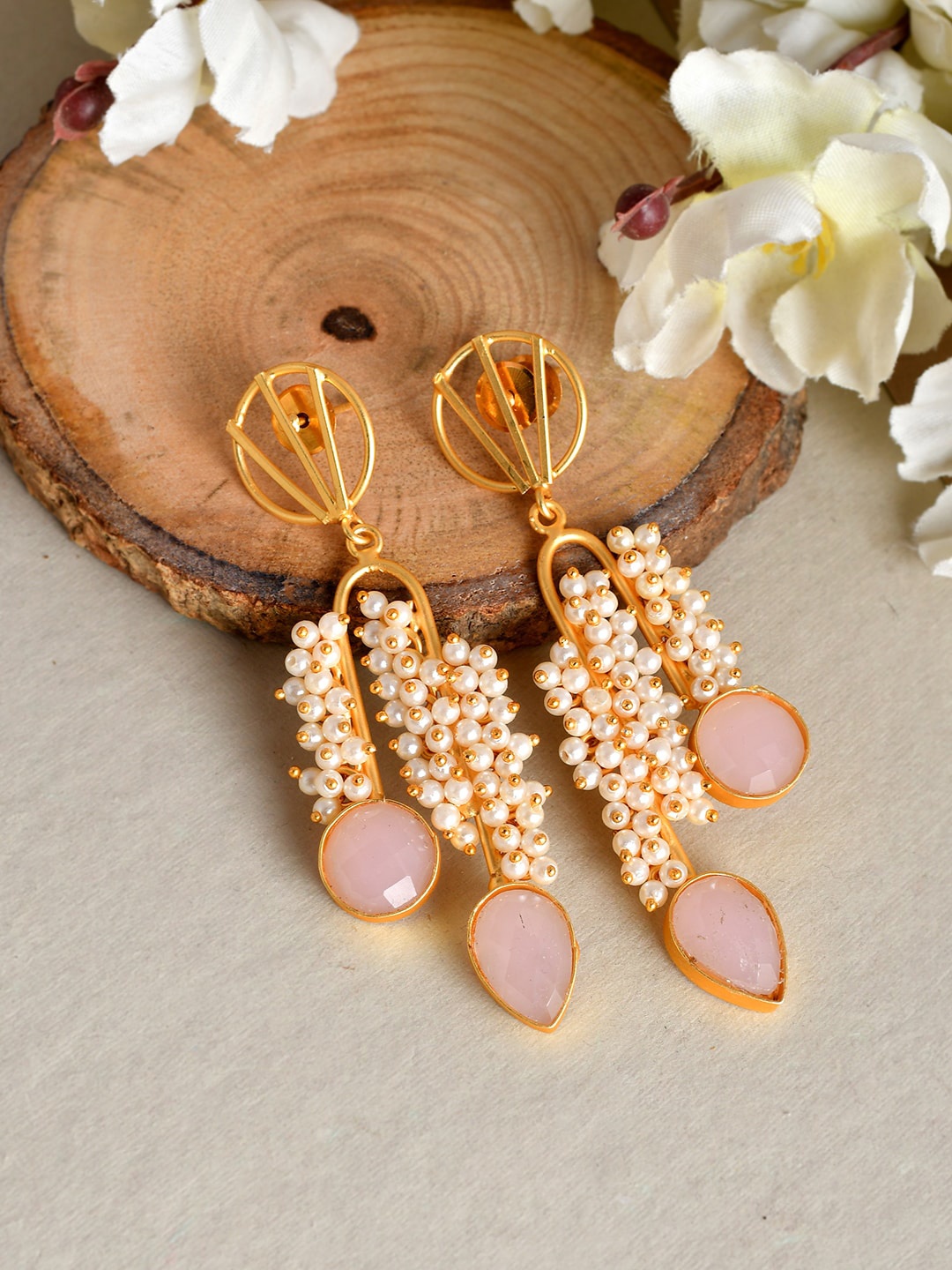 

Silvermerc Designs Gold-Plated & Pink Contemporary Drop Earrings