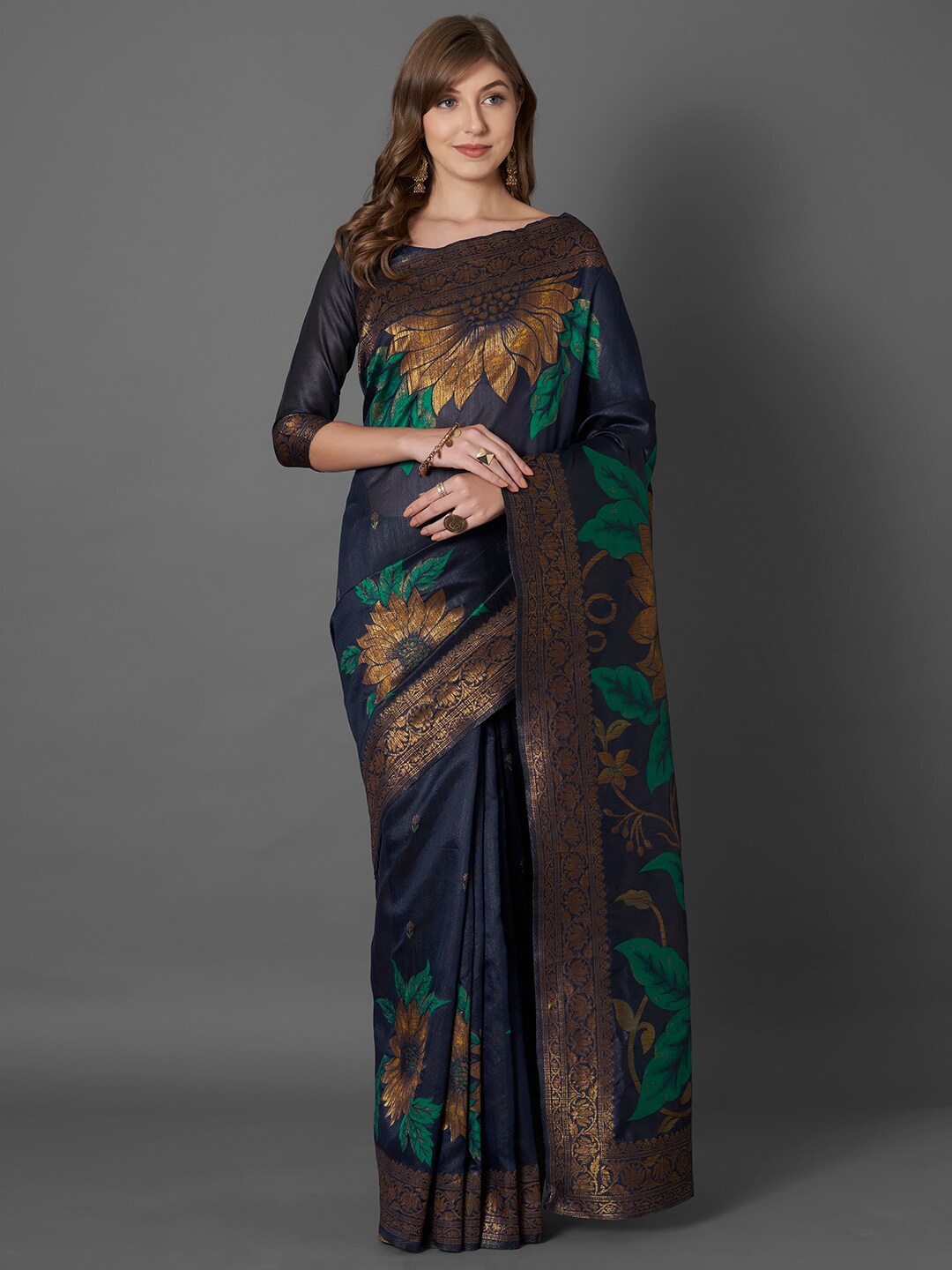 

Mitera Navy Blue & Green Floral Zari Silk Blend Saree