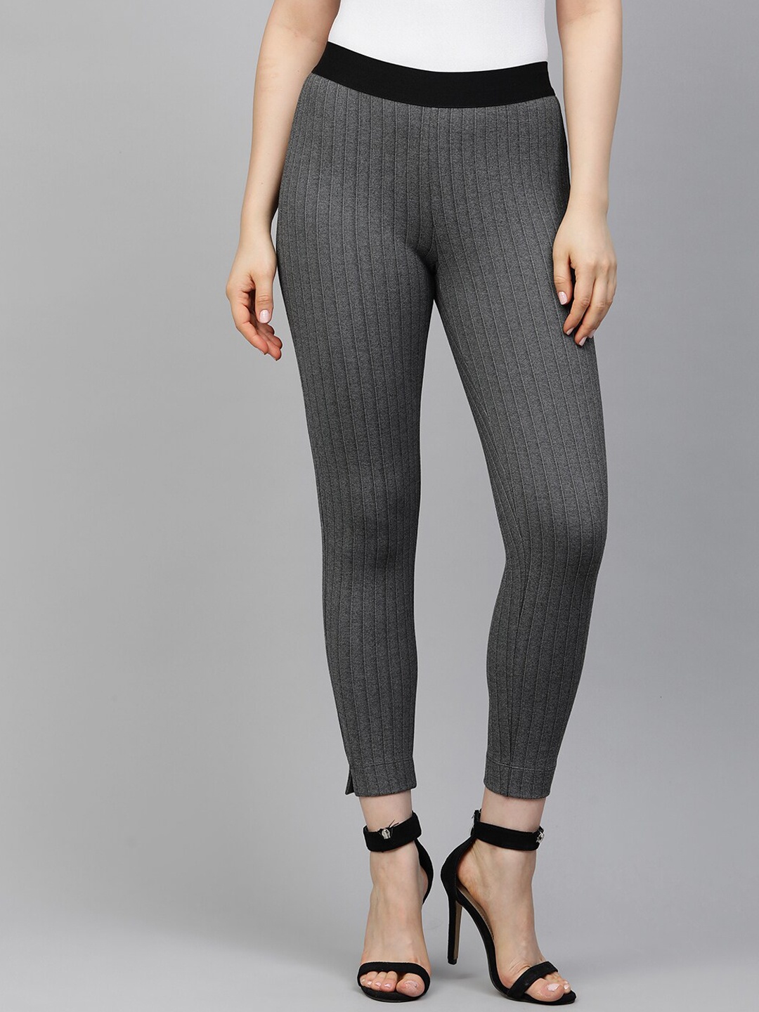 

Chemistry Women Grey Striped Skinny Fit Ankle Length Treggings