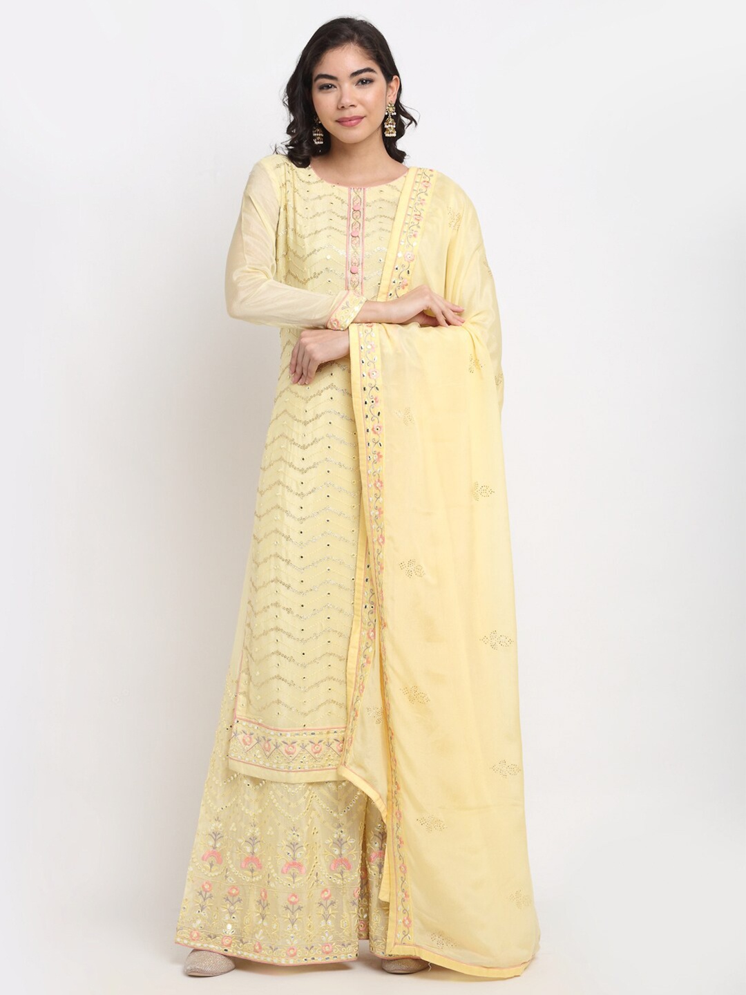 

Stylee LIFESTYLE Yellow Embroidered Semi-Stitched Dress Material