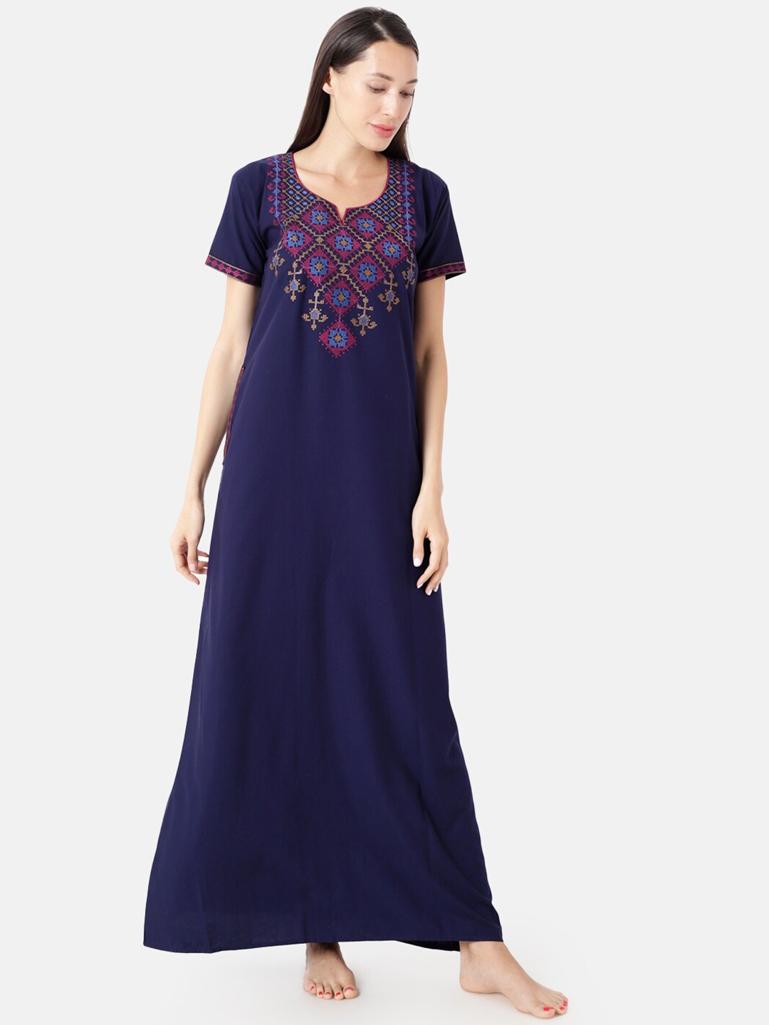 

Sand Dune Navy Blue Embroidered Maxi Nightdress