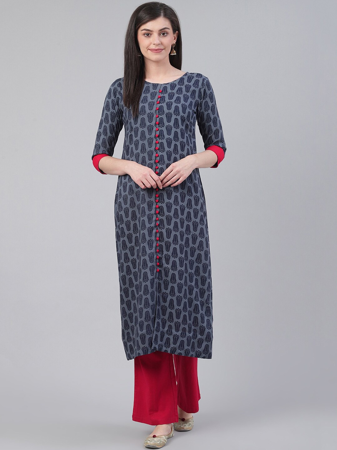 

KSUT Women Navy Blue Viscose Rayon Printed Round Neck Kurta
