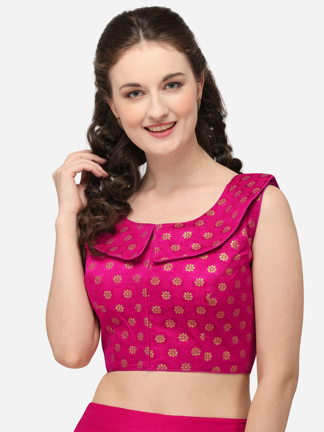 

Fab Dadu Women Pink & Gold-Coloured Printed Jacquard Saree Blouse