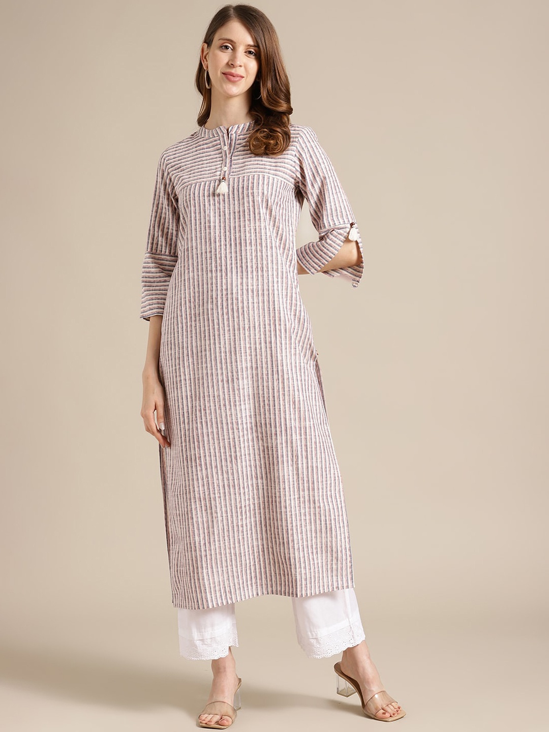 

KSUT Women Off White Striped Straight Kurta