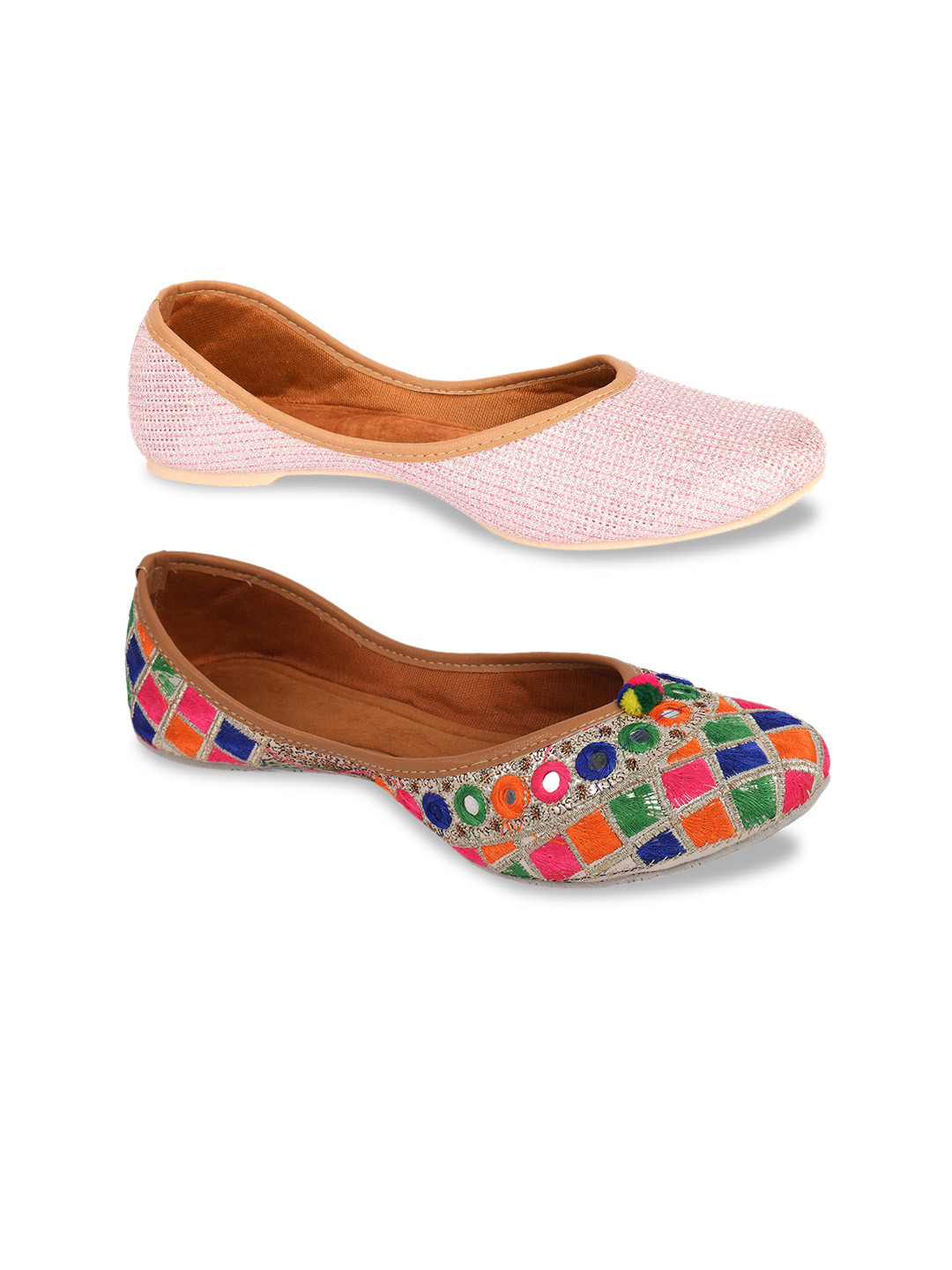 

DESI COLOUR Women Pack Of 2 Embellished Mojaris Flats, Pink