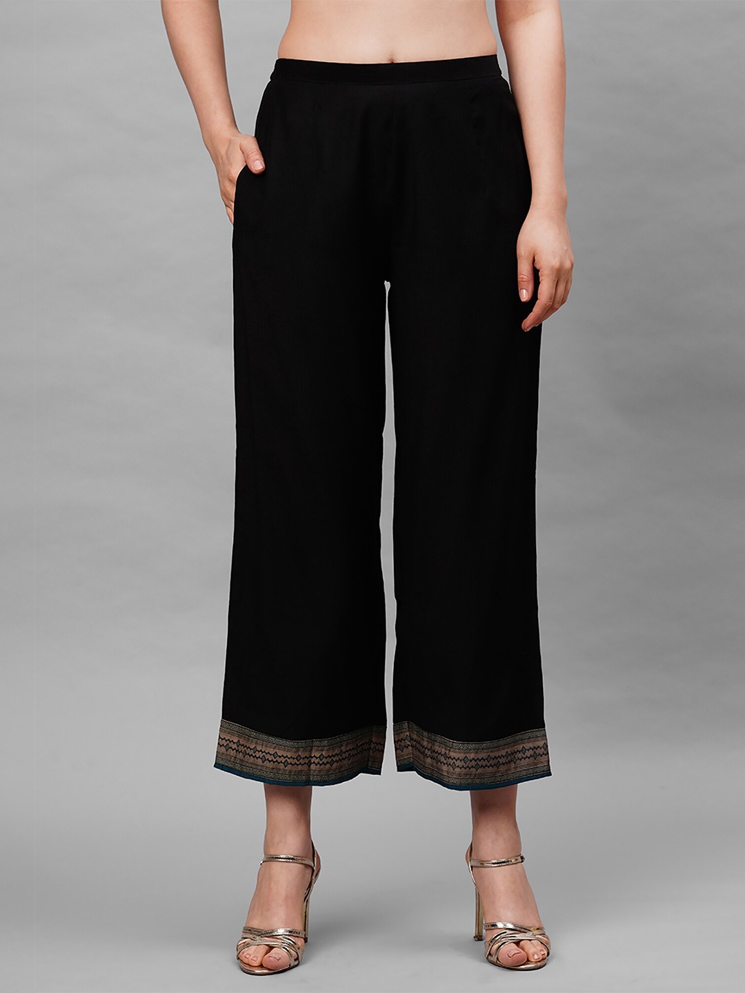

Indo Era Women Black Hem Design Ethnic Cotton Palazzos