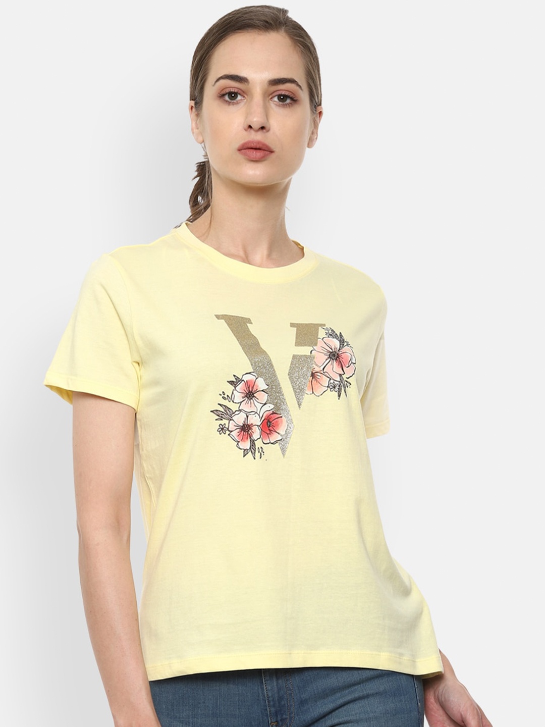 

Van Heusen Woman Yellow Printed Round Neck Regular Top