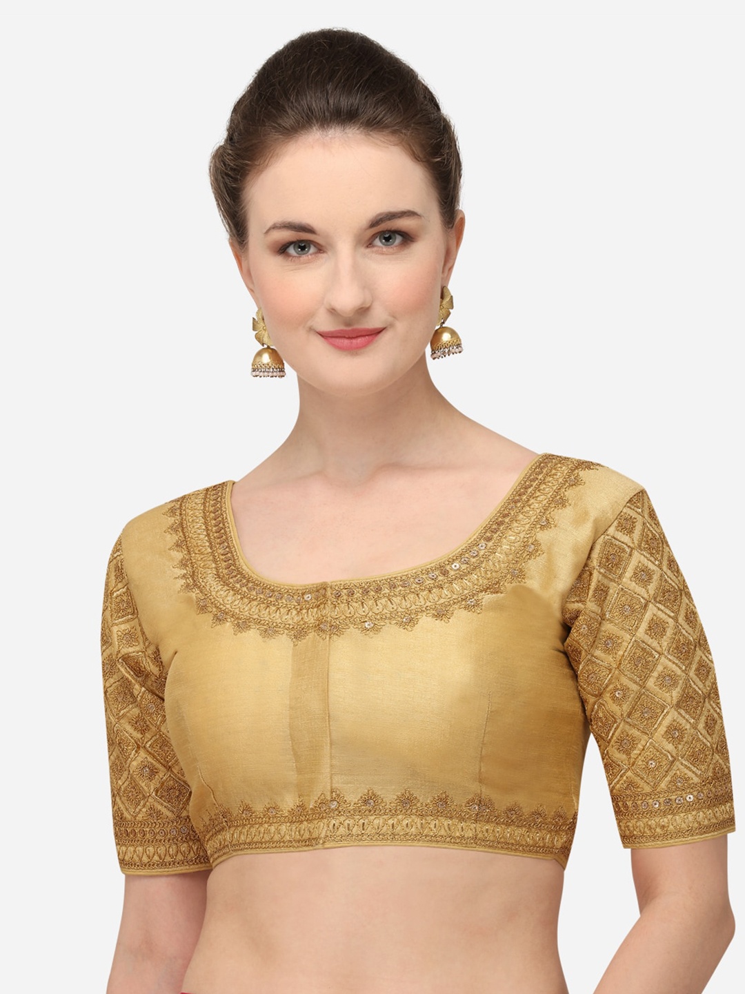 

Fab Dadu Women Beige & Gold-Colored Embroidered Silk Saree Blouse