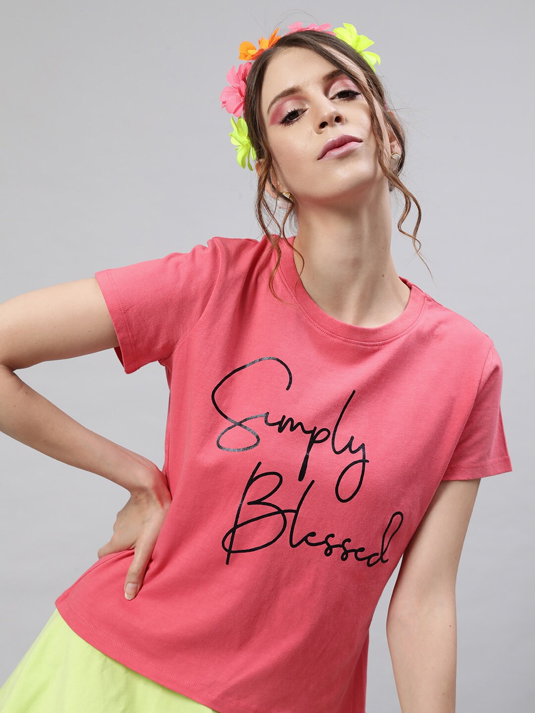 

STREET 9 Women Coral Printed Pure Cotton T-shirt