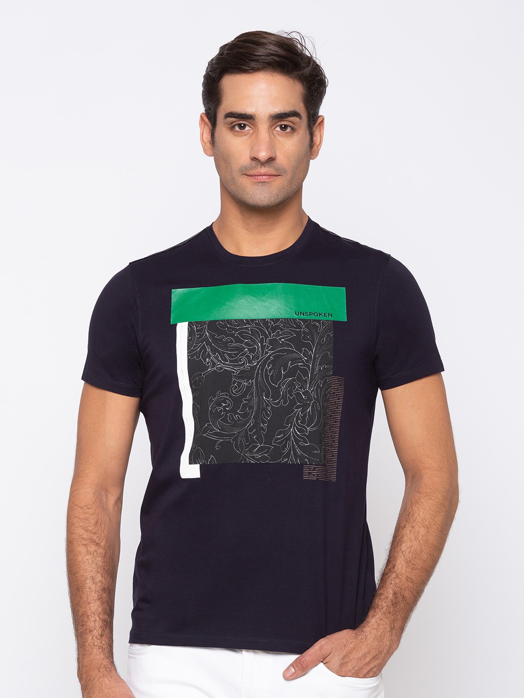 

SPYKAR Men Navy Blue Ethnic Printed Slim Fit T-shirt