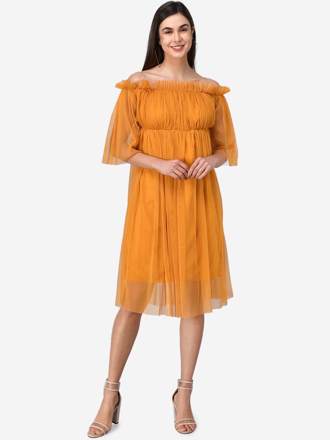 

Darzi Mustard womens Off-Shoulder Net Dress
