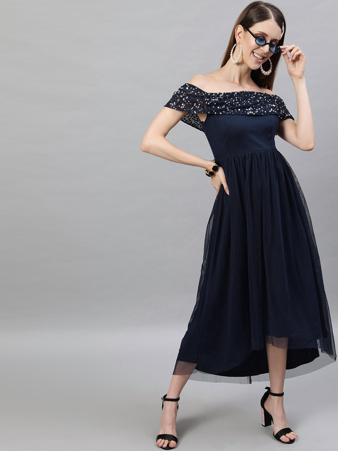 

STREET 9 Navy Blue Off-Shoulder Net Midi Dress