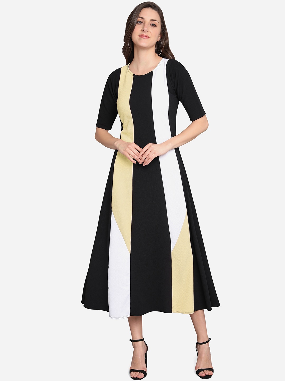 

PURVAJA Black & White Colourblocked A-Line Midi Dress