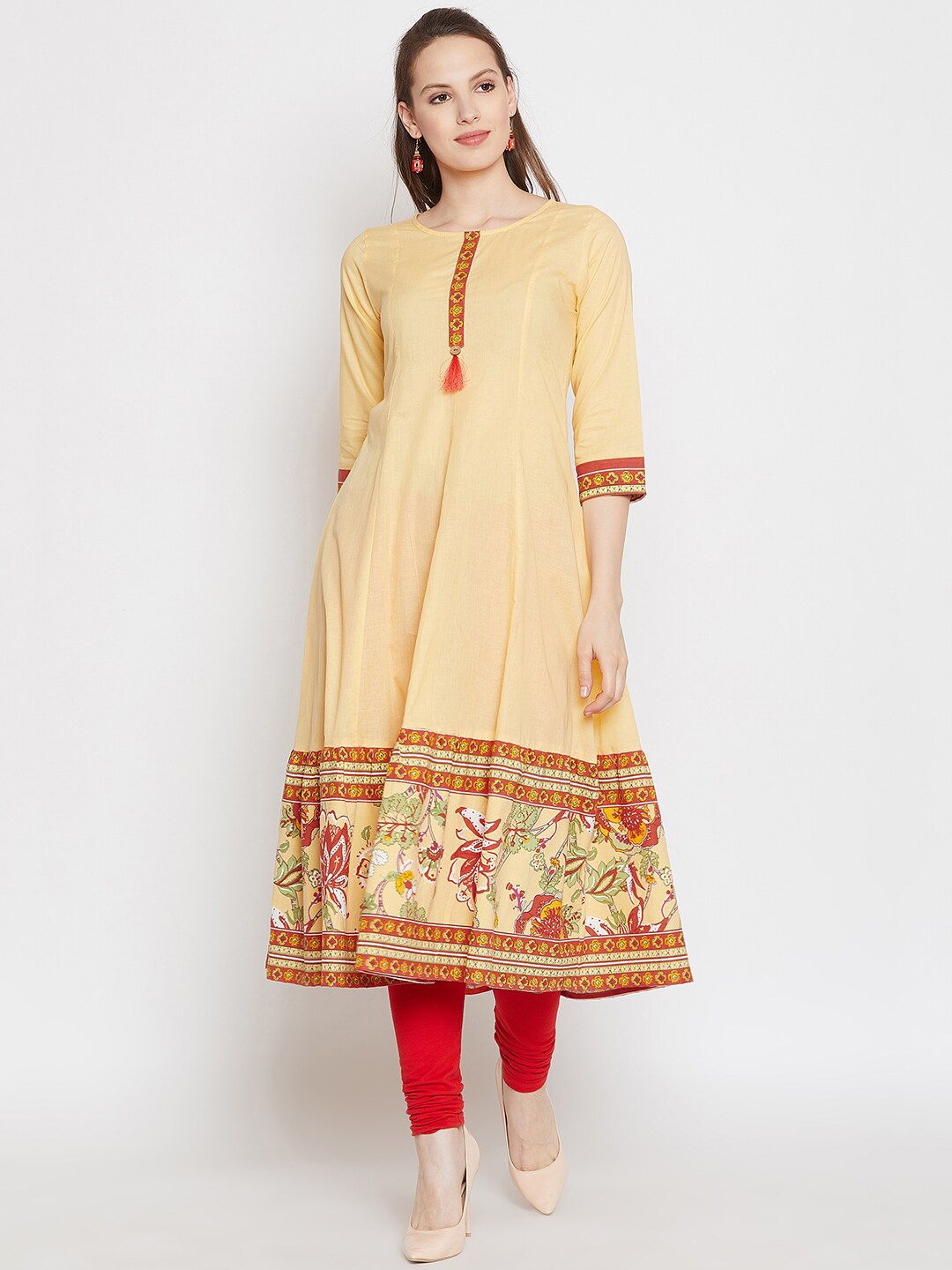 

One of a Kind Cream & Orange Floral Printed Pure Cotton Anarkali Kurti
