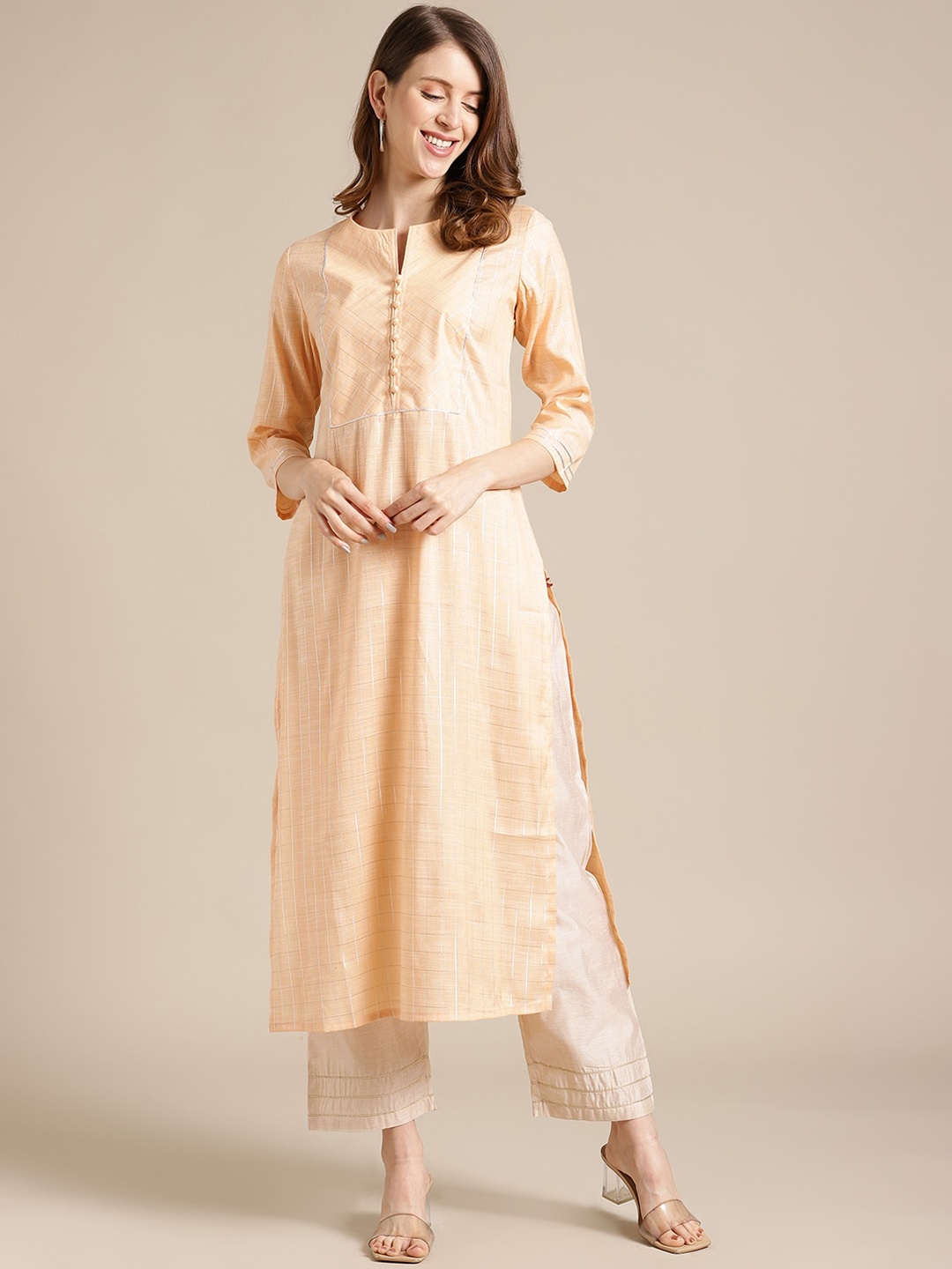 

KSUT Women Peach Checked Kurta