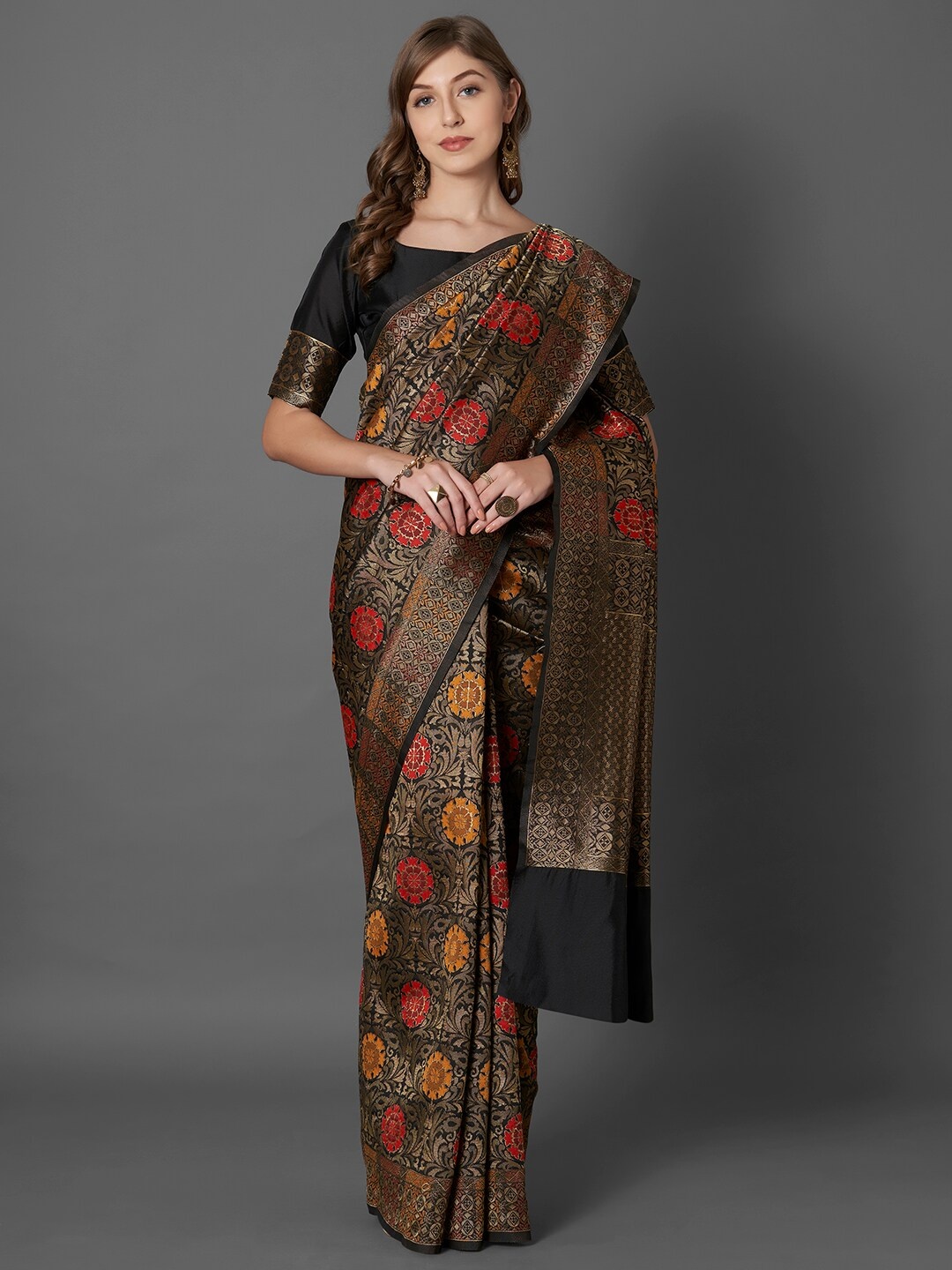 

Mitera Black & Orange Floral Zari Silk Blend Saree