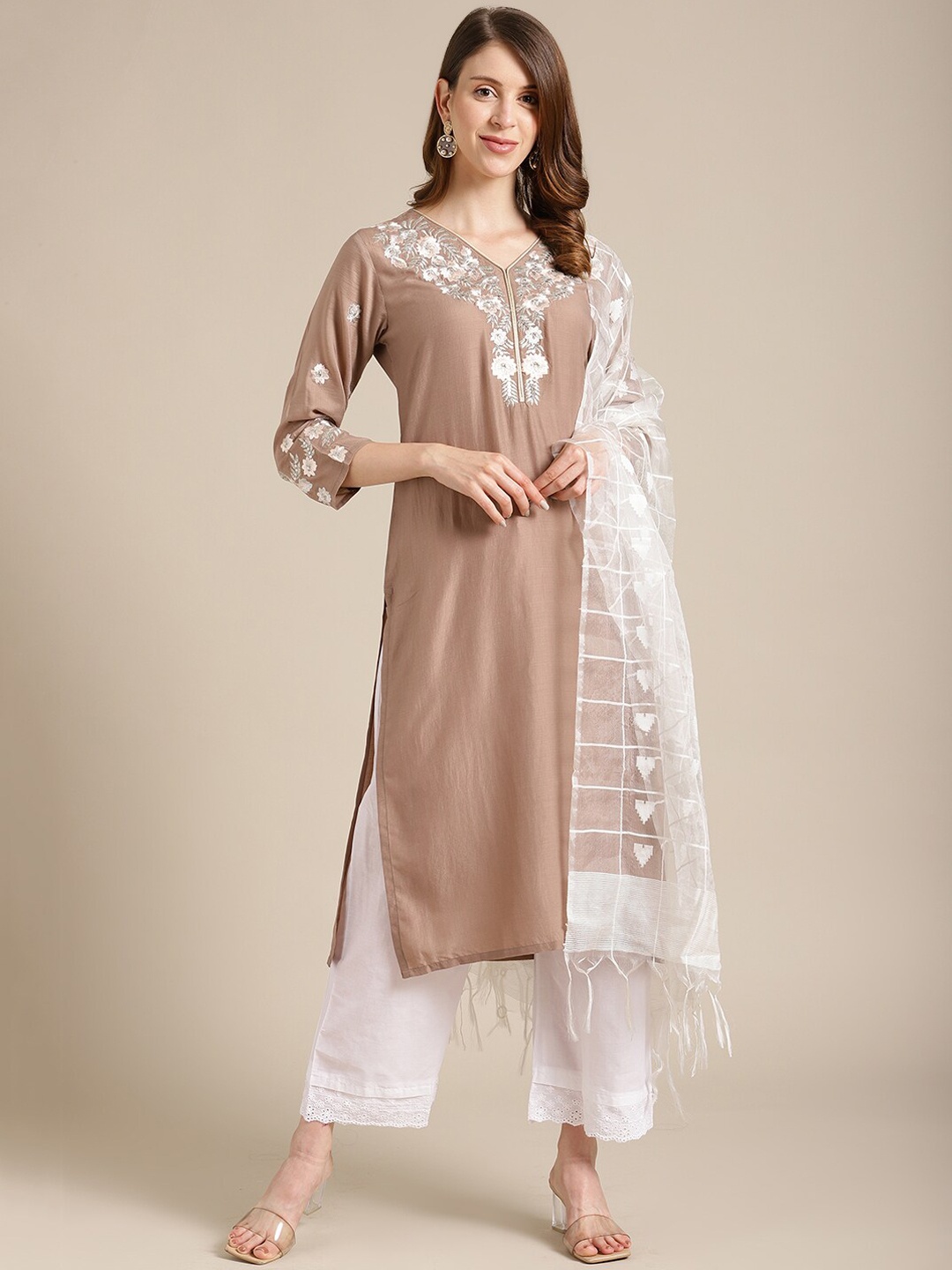 

Varanga Women Beige Floral Embroidered Kurta with Trousers & With Dupatta