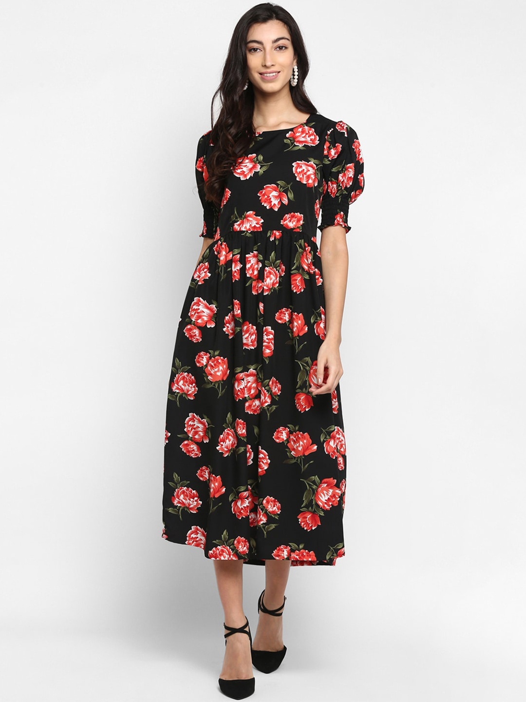 

DEEBACO Black Floral Midi Dress