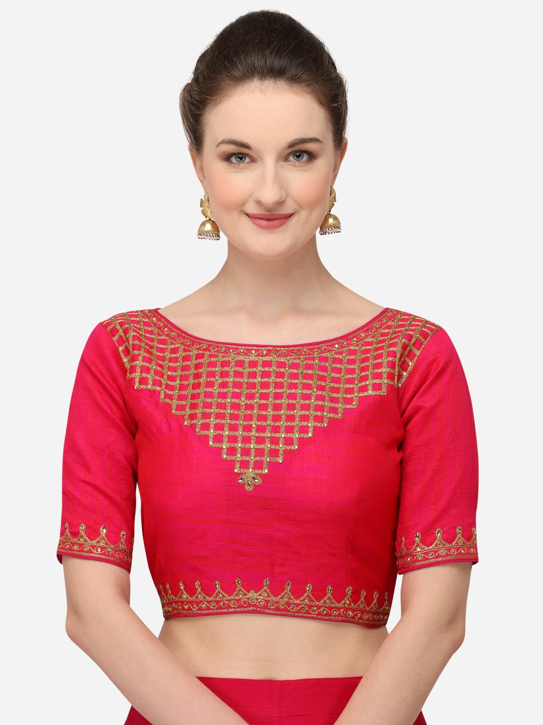 

Fab Dadu Pink & Gold-Coloured Zari Embroidered Silk Saree Blouse