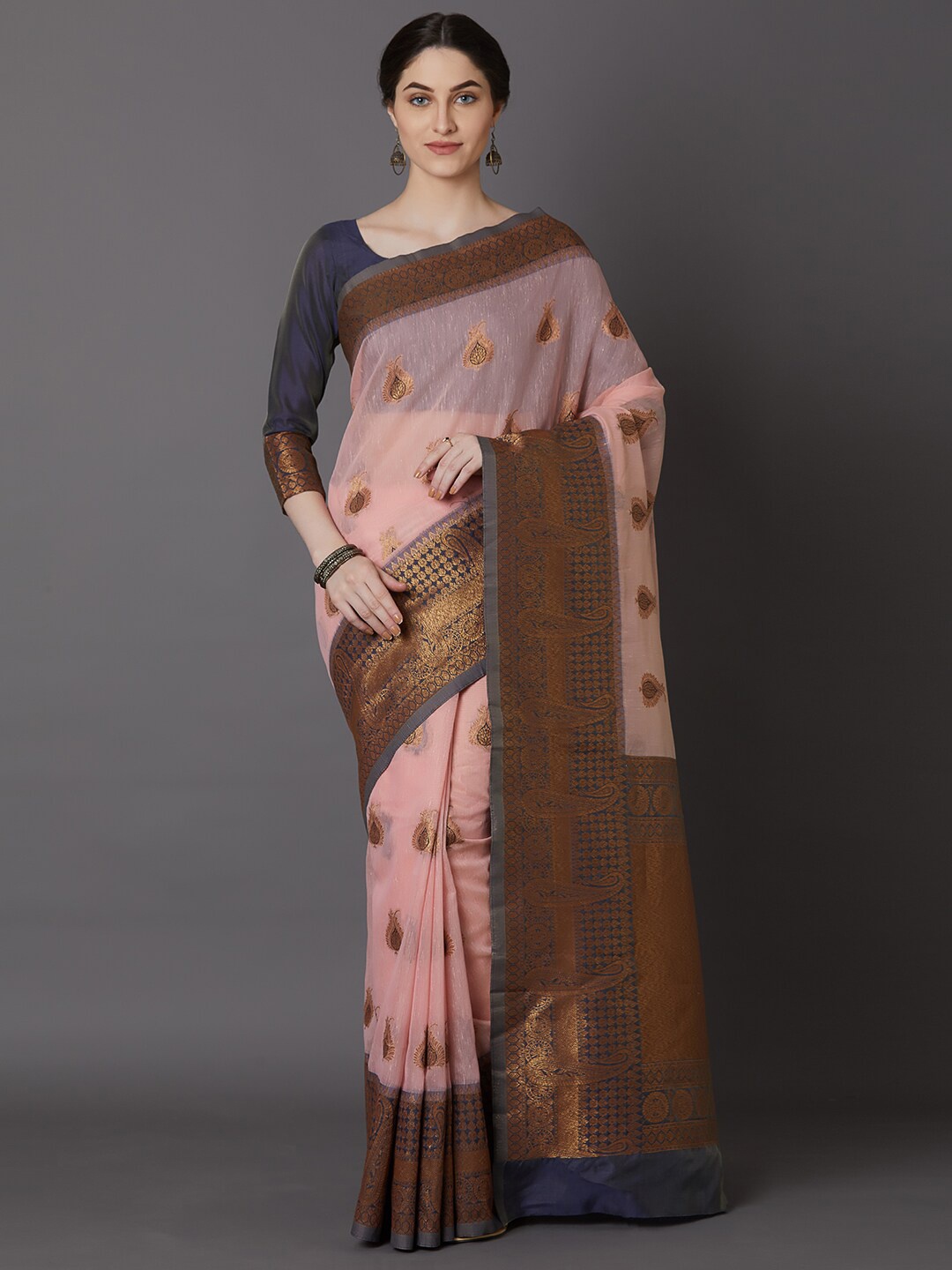 

Mitera Peach & Navy Blue Ethnic Motifs Zari Silk Blend Saree