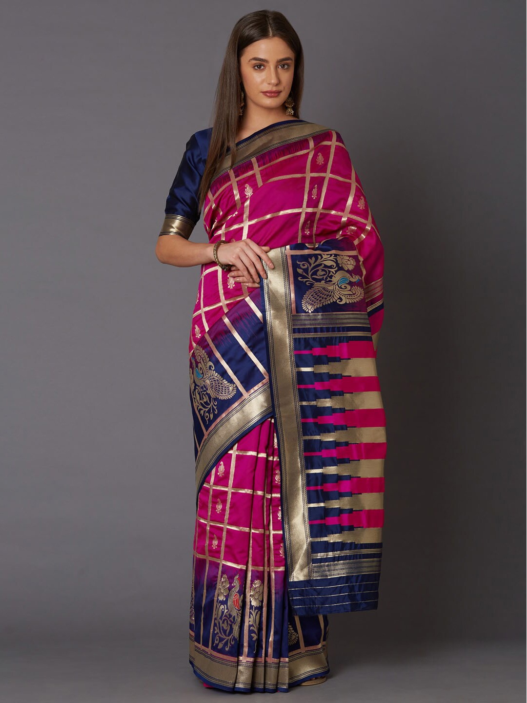 Mitera Pink & Navy Blue Woven Design Silk Blend Saree
