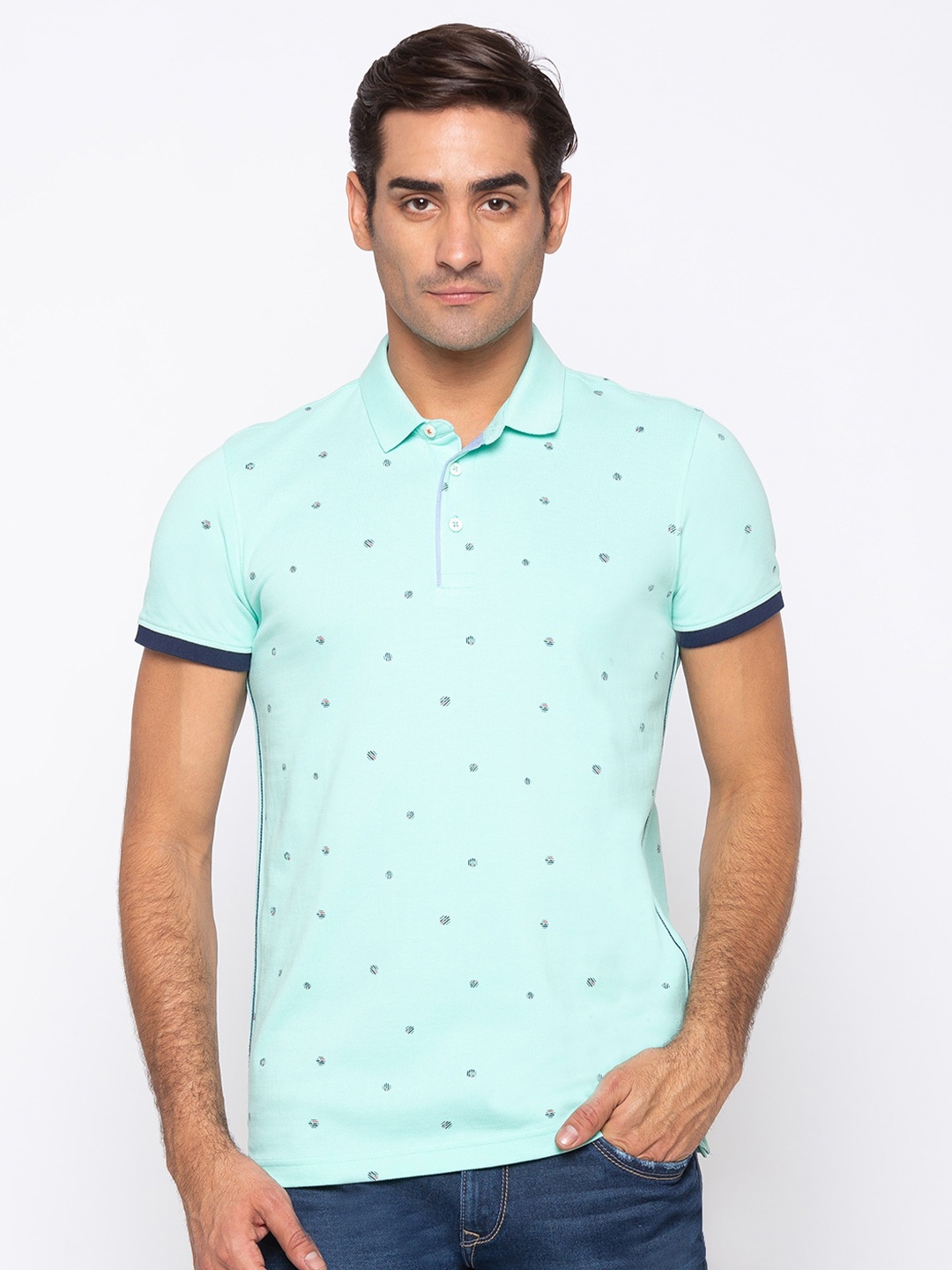 

SPYKAR Men Green Printed Polo Collar Tropical Slim Fit T-shirt
