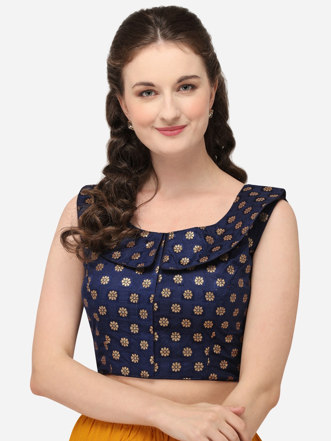 

Fab Dadu Navy Blue & Gold-Coloured Woven-Design Jacquard Phantom Silk Saree Blouse