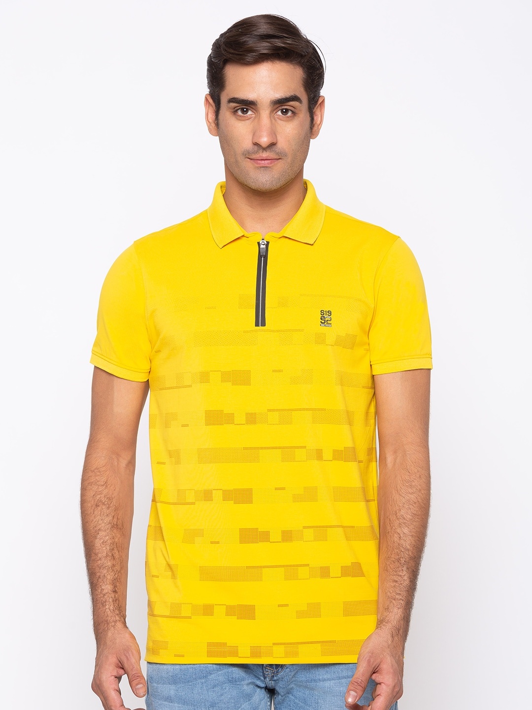 

SPYKAR Men Yellow Striped Polo Collar Slim Fit T-shirt