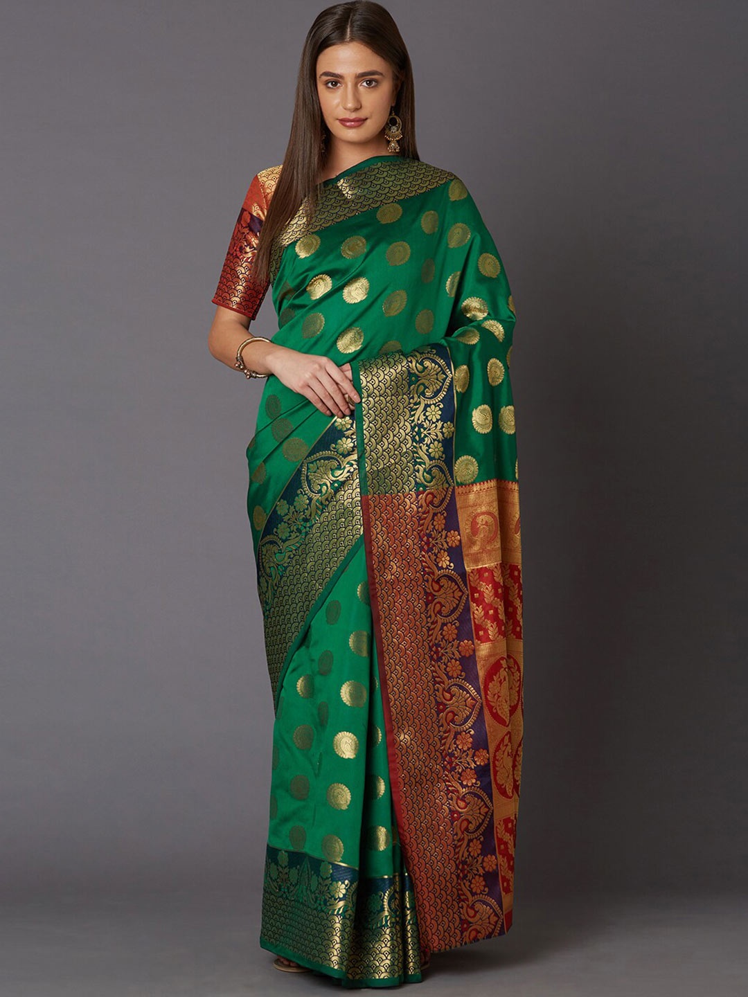 

Mitera Green & Red Woven Design Zari Silk Blend Saree
