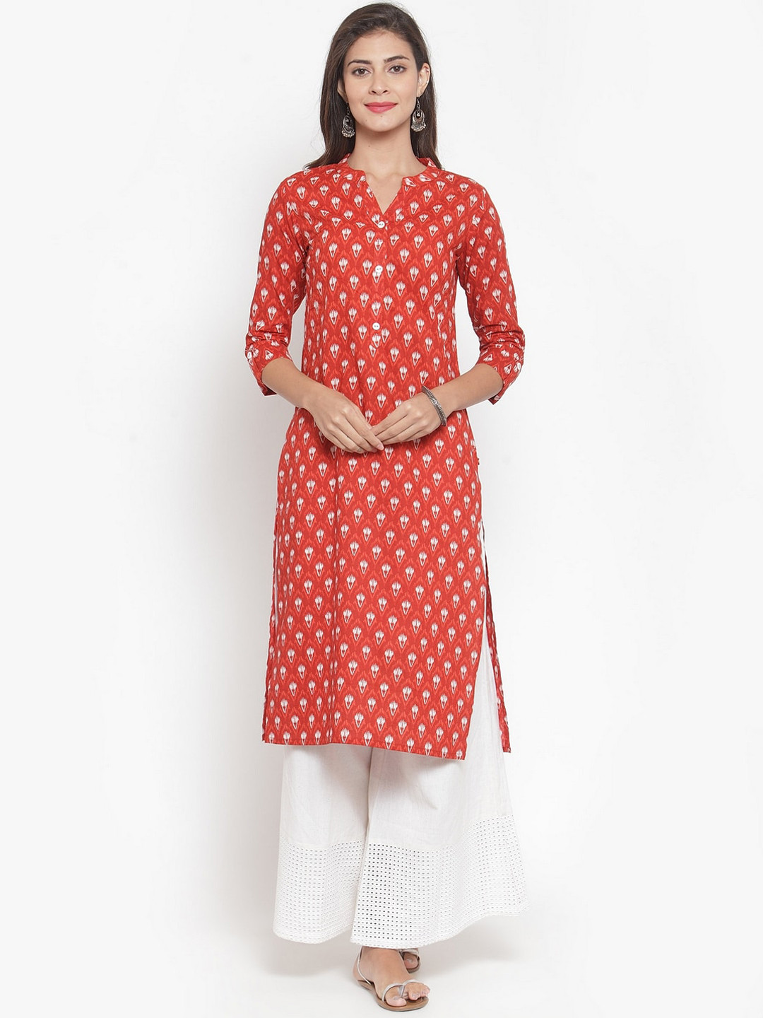 

KSUT Women Red & White Geometric Printed Kurta