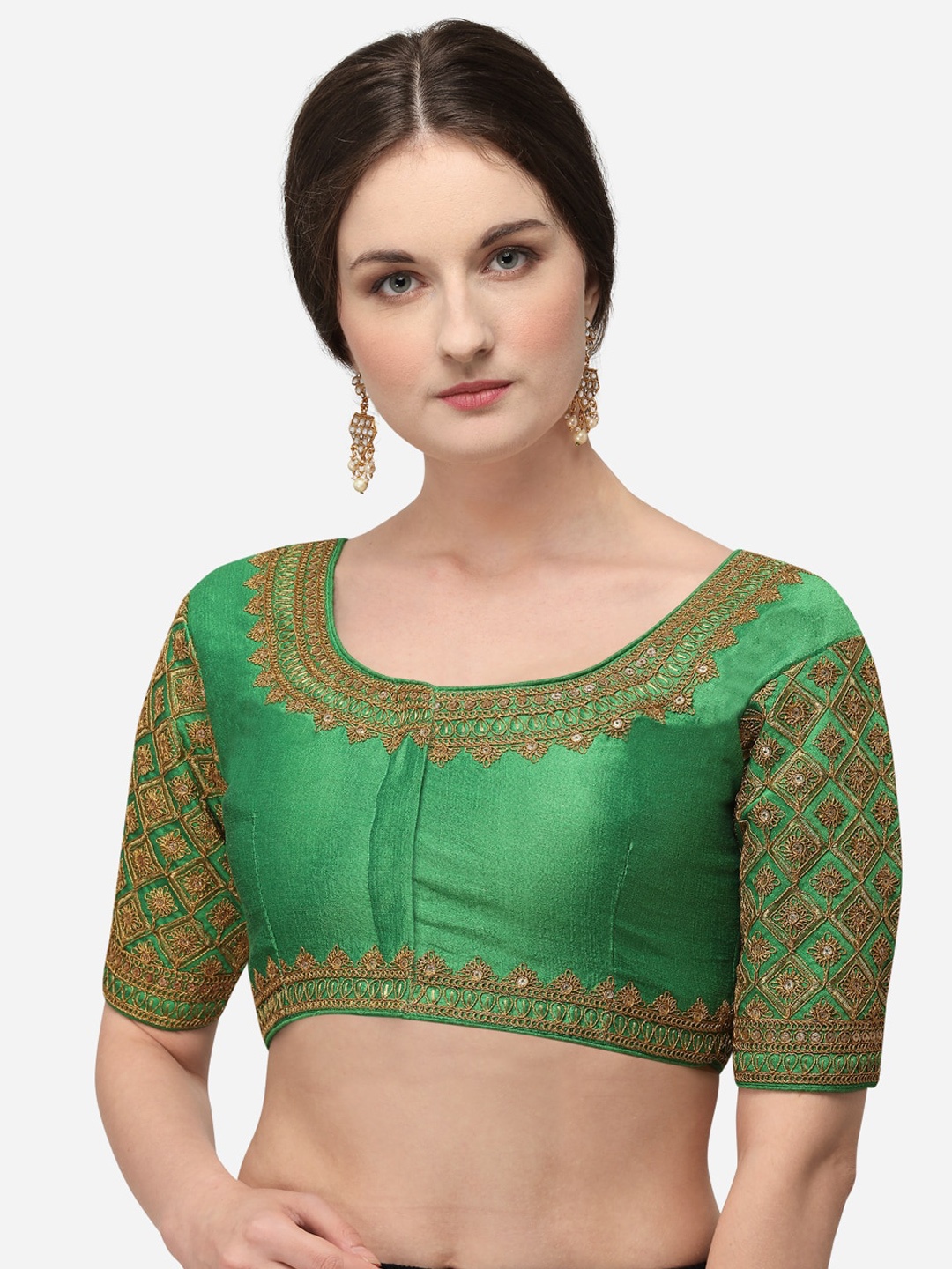 

Fab Dadu Women Lime Green & Gold-Coloured Embroidered Silk Saree Blouse