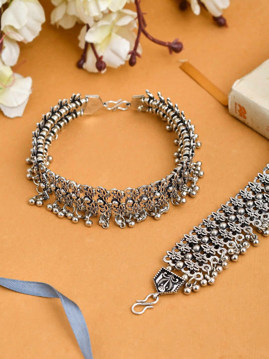 

Silvermerc Designs Set Of 2 Silver-Plated Ghumgroo beaded Bridal Jhaanjar Anklets