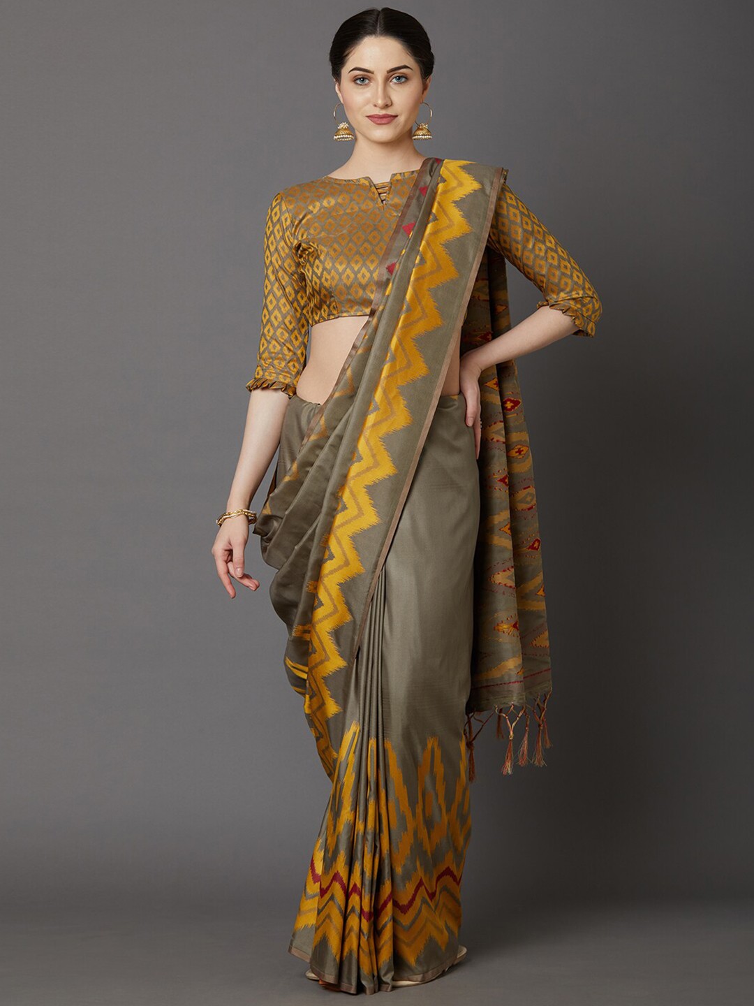 

Mitera Grey & Gold-Toned Silk Cotton Saree