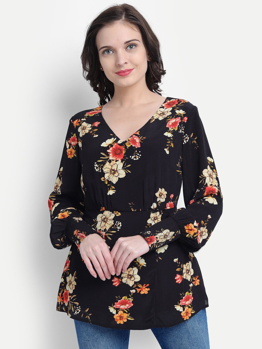

Jade Garden Women Black & Beige Floral Print Sustainable Top with Cinched Waist