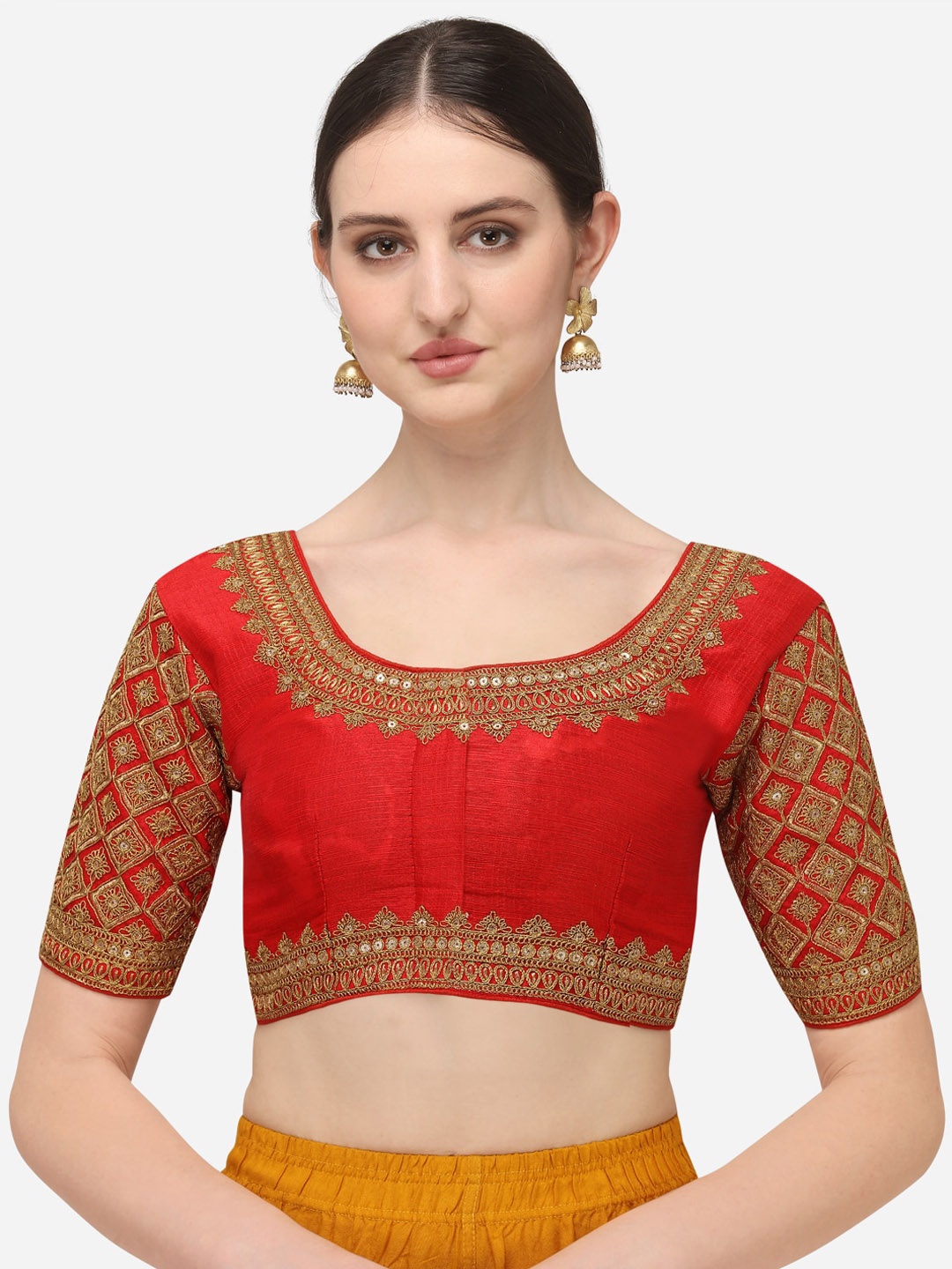 

Fab Dadu Women Red & Gold-Coloured Embroidered Silk Saree Blouse