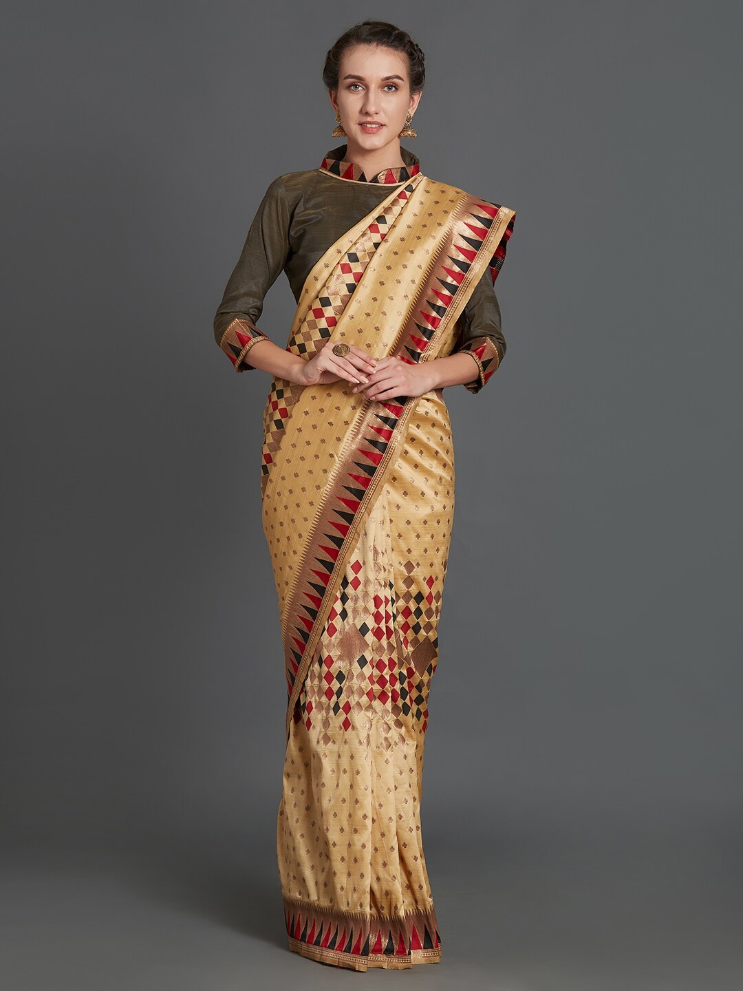 

Mitera Beige & Red Silk Blend Saree