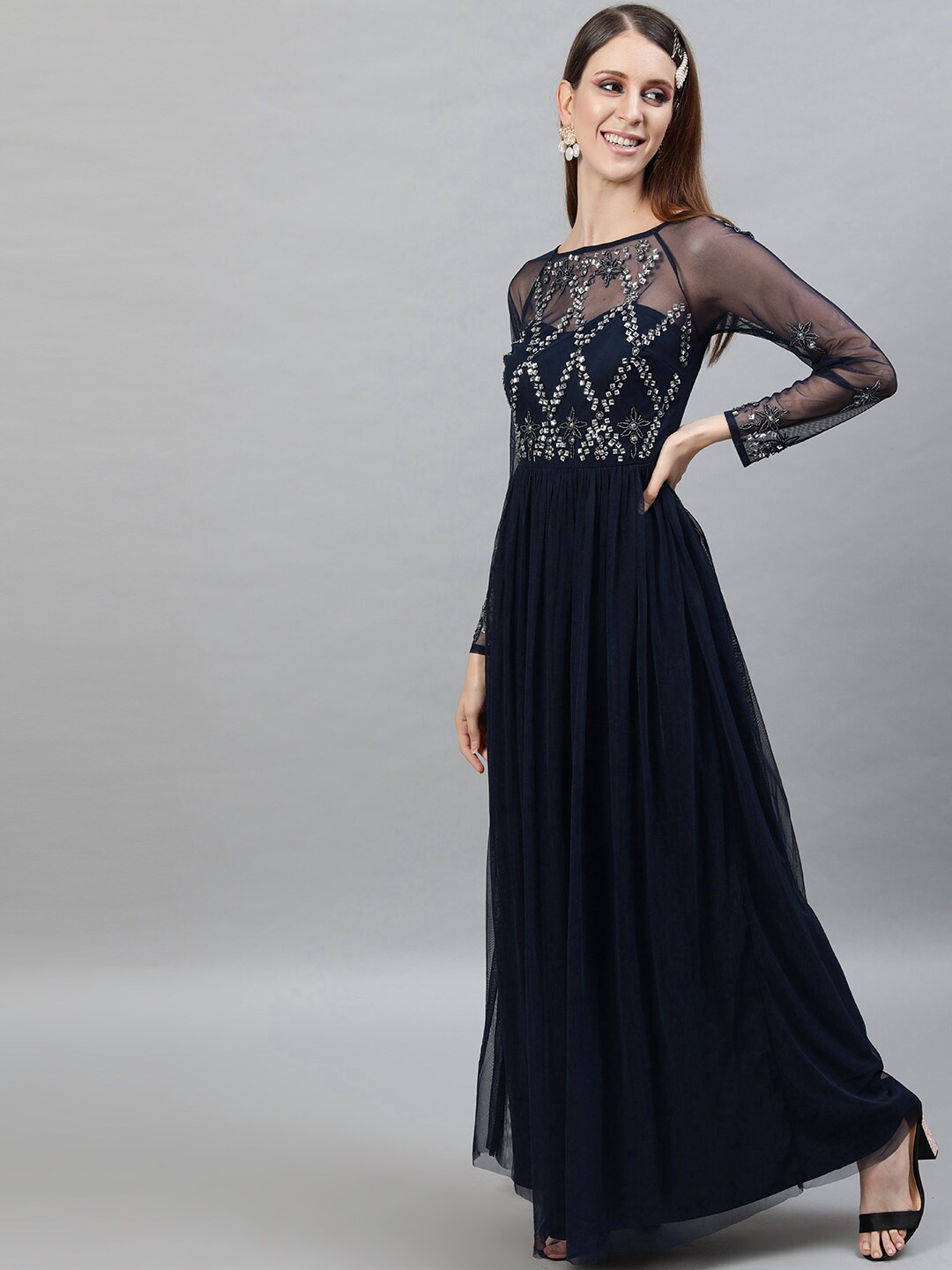 

STREET 9 Blue Net Sequined Maxi Dress