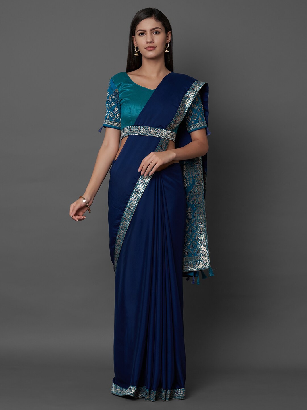 

Mitera Navy Blue & Silver-Toned Silk Blend Saree