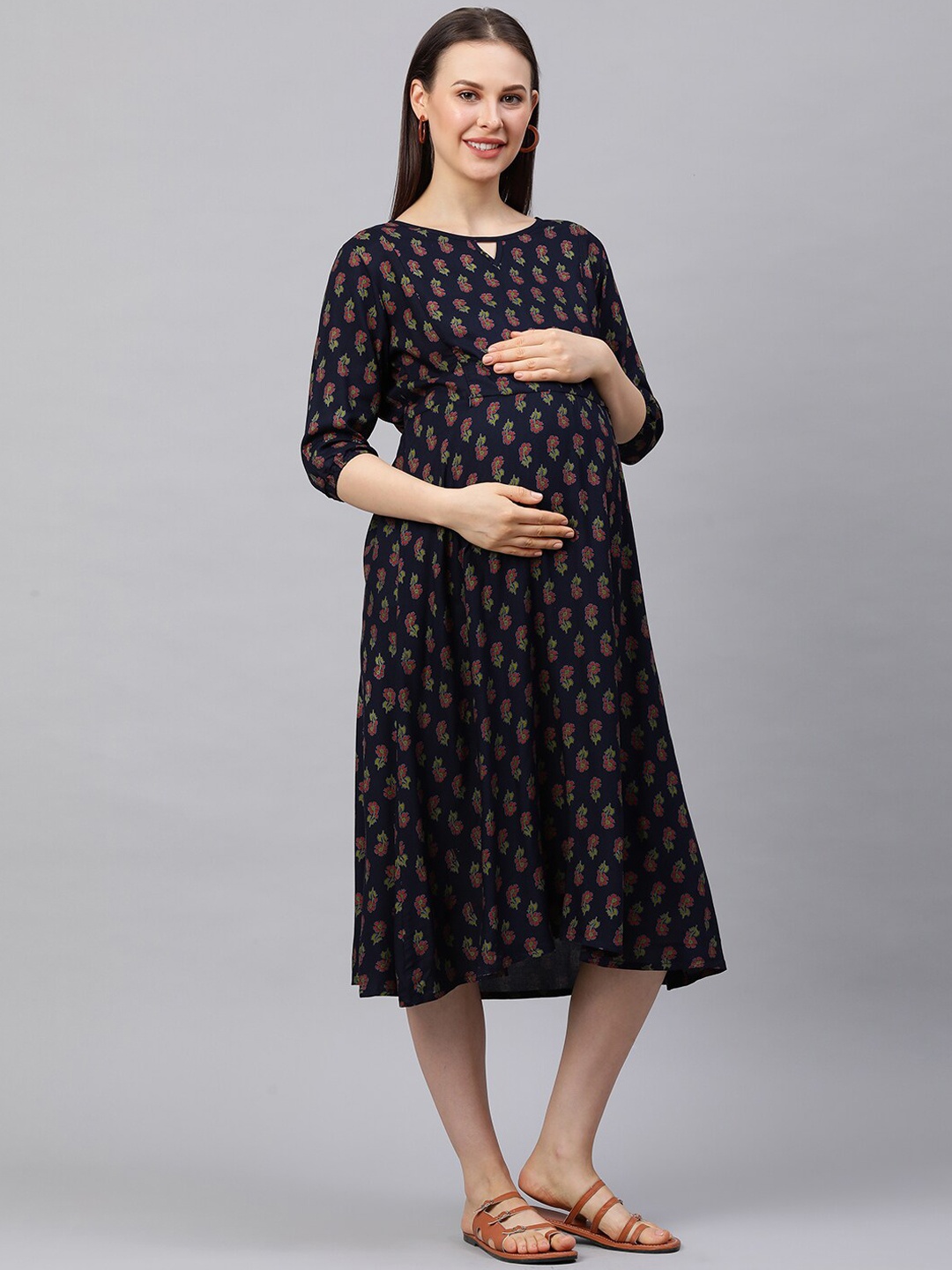

MomToBe Navy Blue & Pink Floral A-Line Midi Maternity Nursing Dress