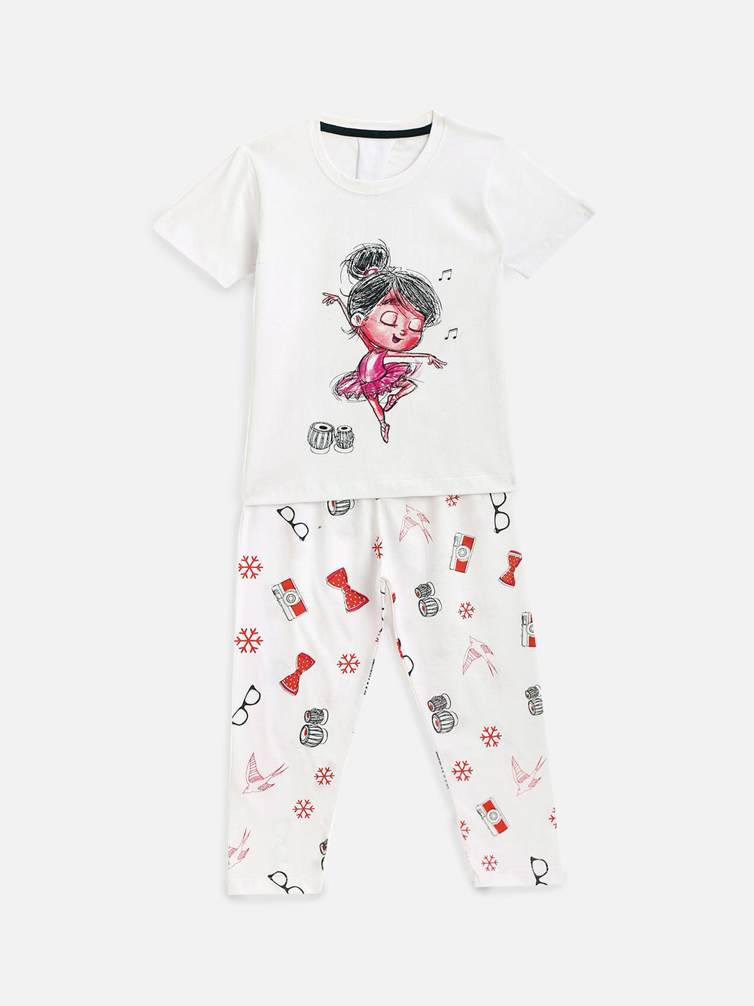 

KIDSCRAFT Girls White & Red Printed Night Suit