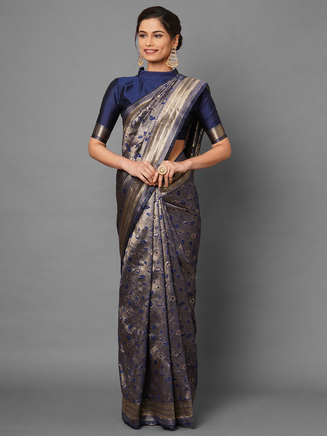 

Mitera Navy Blue & Gold-Toned Woven Design Zari Silk Blend Banarasi Saree