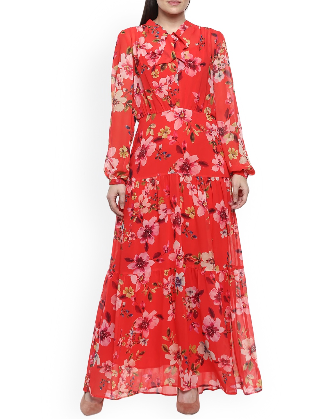 

Phase Eight Orange & Pink Floral Tie-Up Neck Maxi Dress