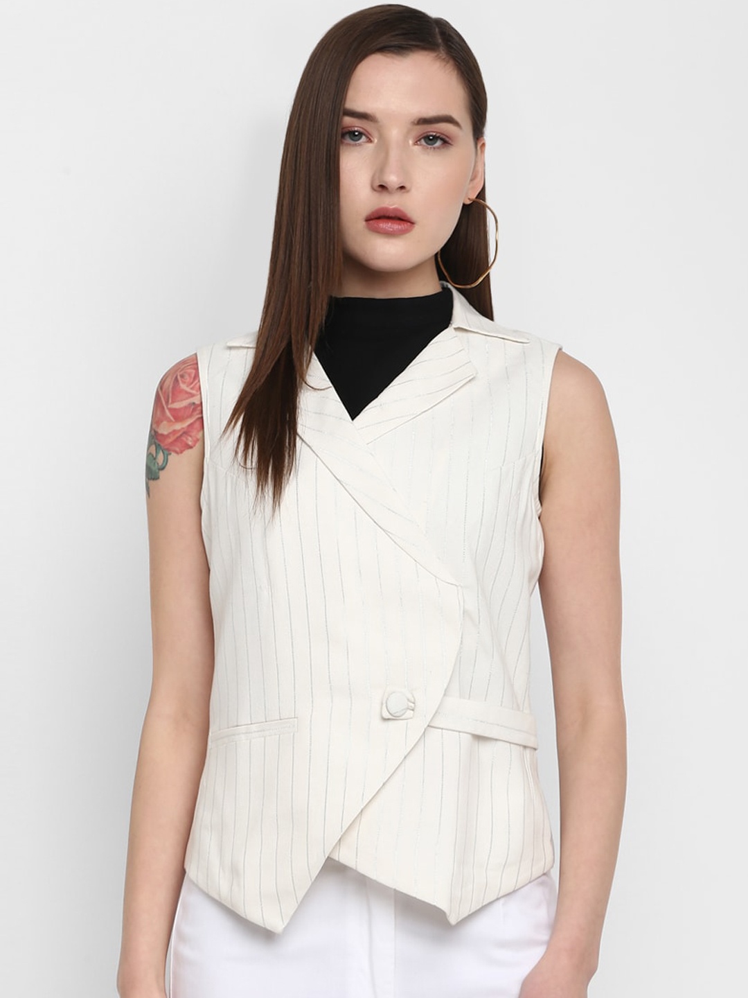 

DEEBACO Women Off White Striped Double-Breasted Pure Cotton Casual Blazer
