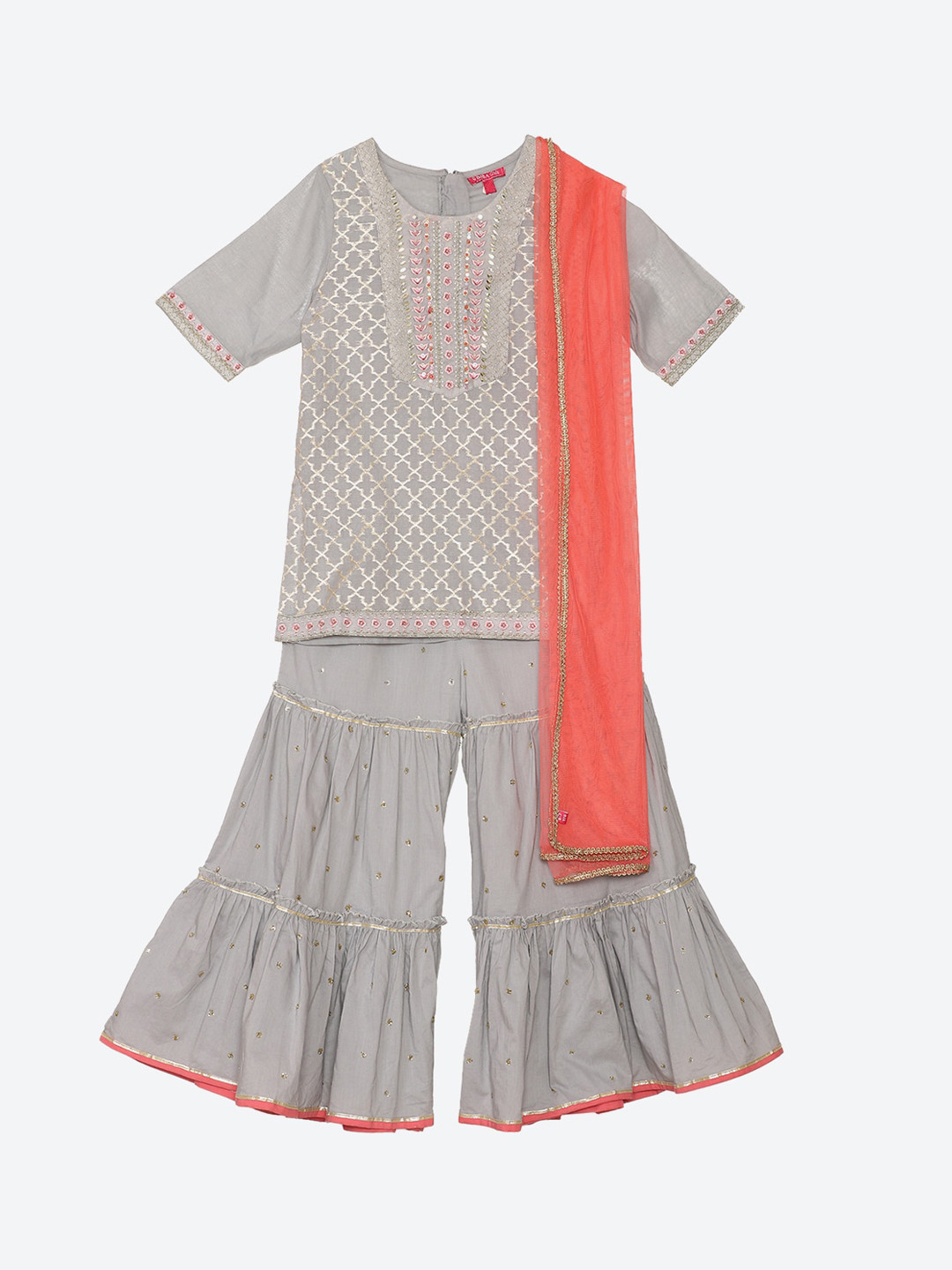 

Biba Girls Grey Ethnic Motifs Printed Kurti with Sharara & Dupatta